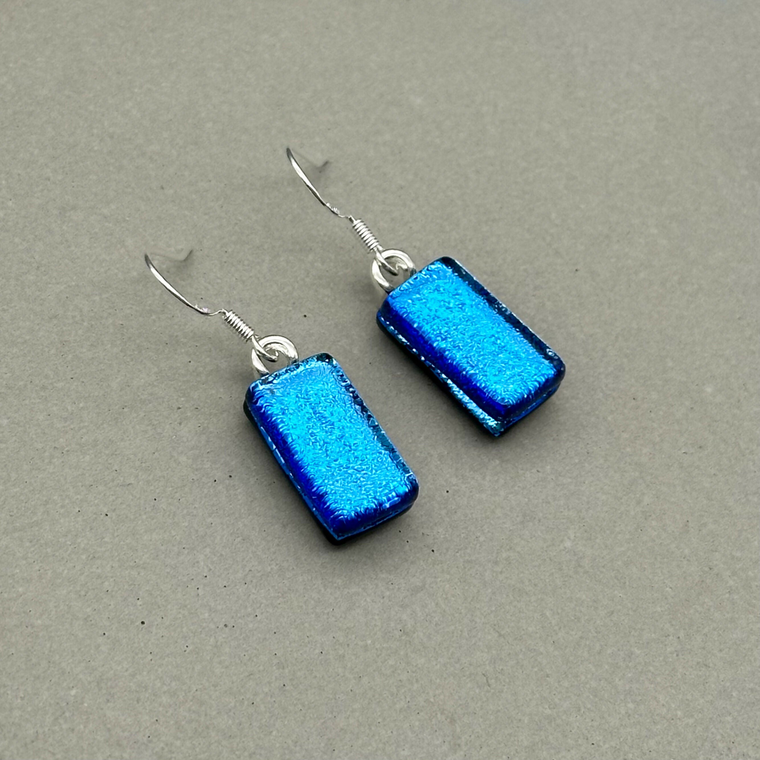 Light Blue Dichroic Fused Glass Dangle Sterling Silver Earrings - Handmade by Jade Tapson Glass.