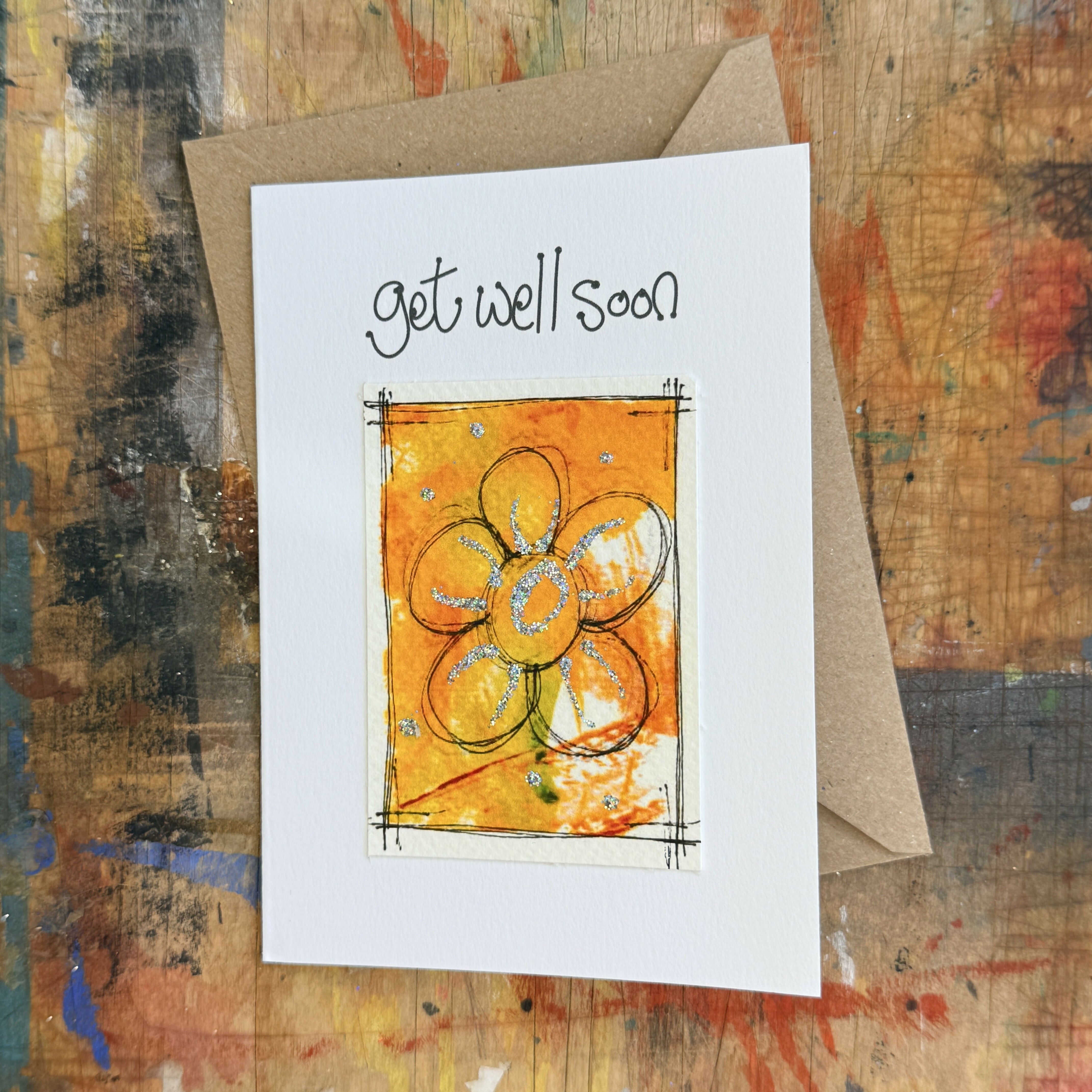 Abstract Sparkle Flower Get Well Soon Card in Yellow