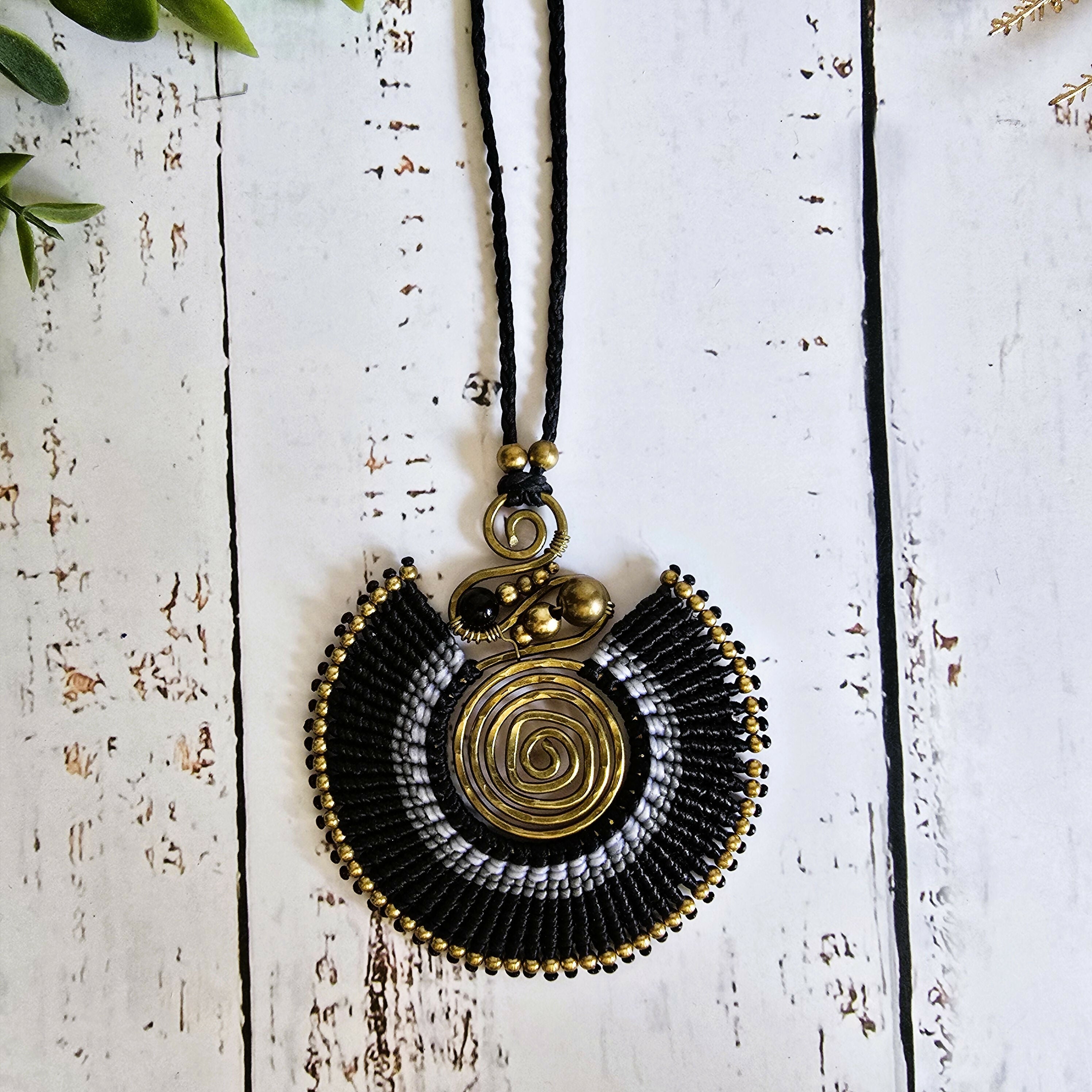 Black Agate Macramé Necklace; Full Moon Boho Statement Pendant with Gold Spiral