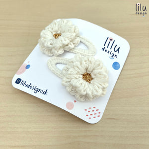 Crochet Hair Clip Set - 2 Fluffy Flower