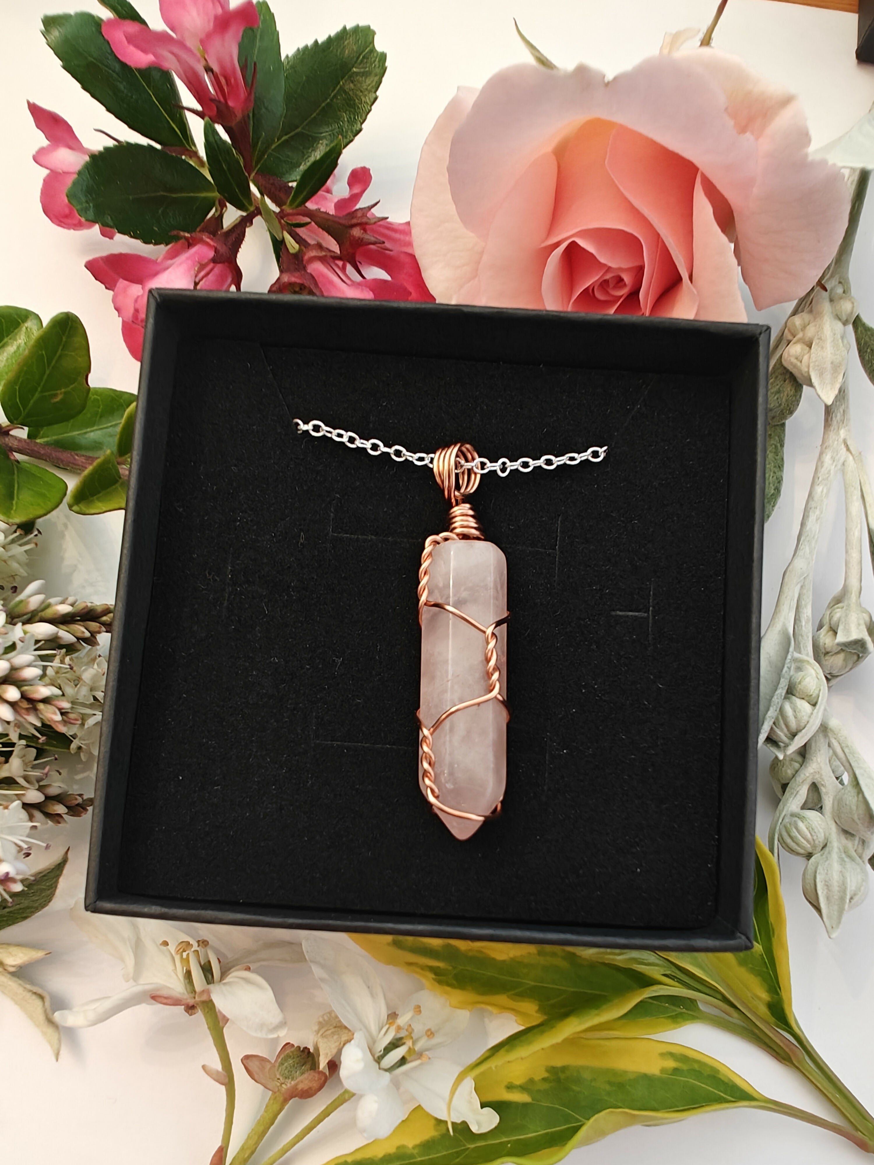 Rose Quartz Wire Wrapped Crystal Point Necklace on Sterling Silver Chain