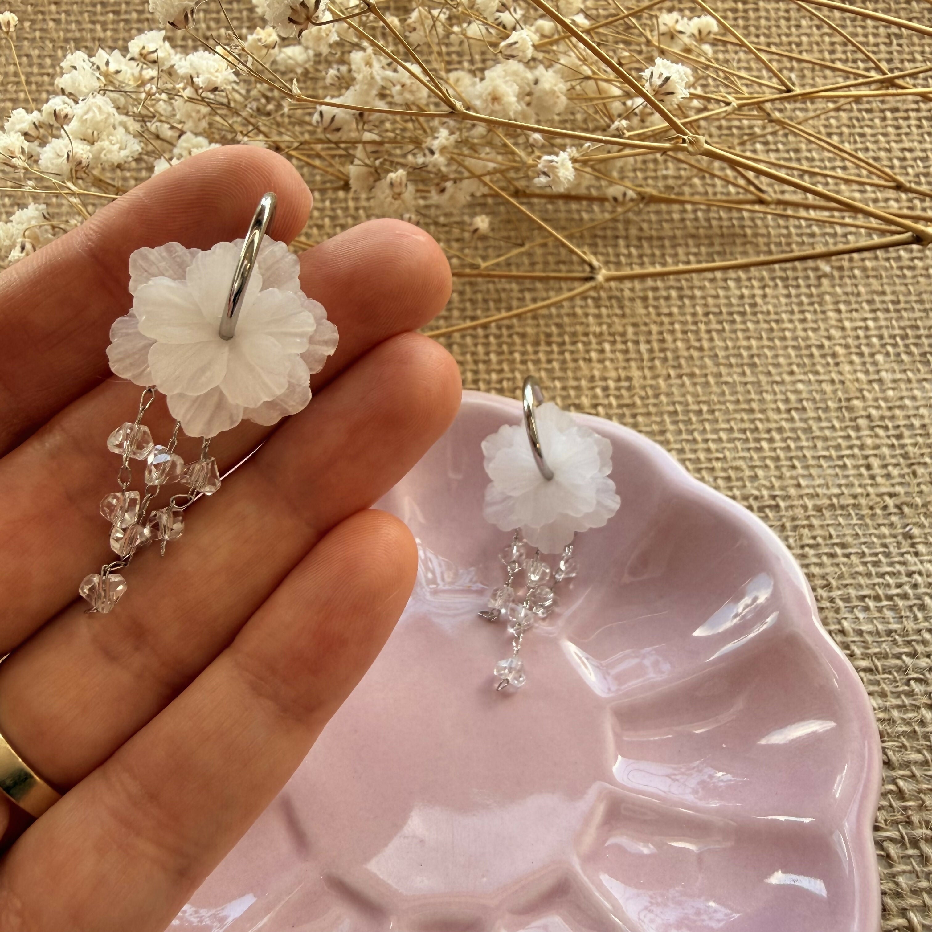Translucent Flower Drop Earrings with Silver Chain and Crystal Detail
