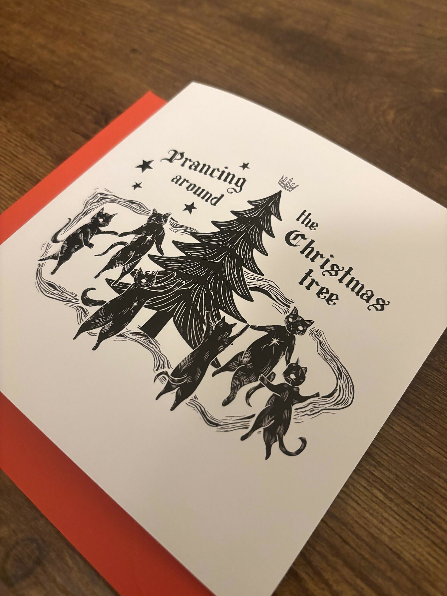 Prancing Around the Tree Christmas Card / Cat Greetings Card