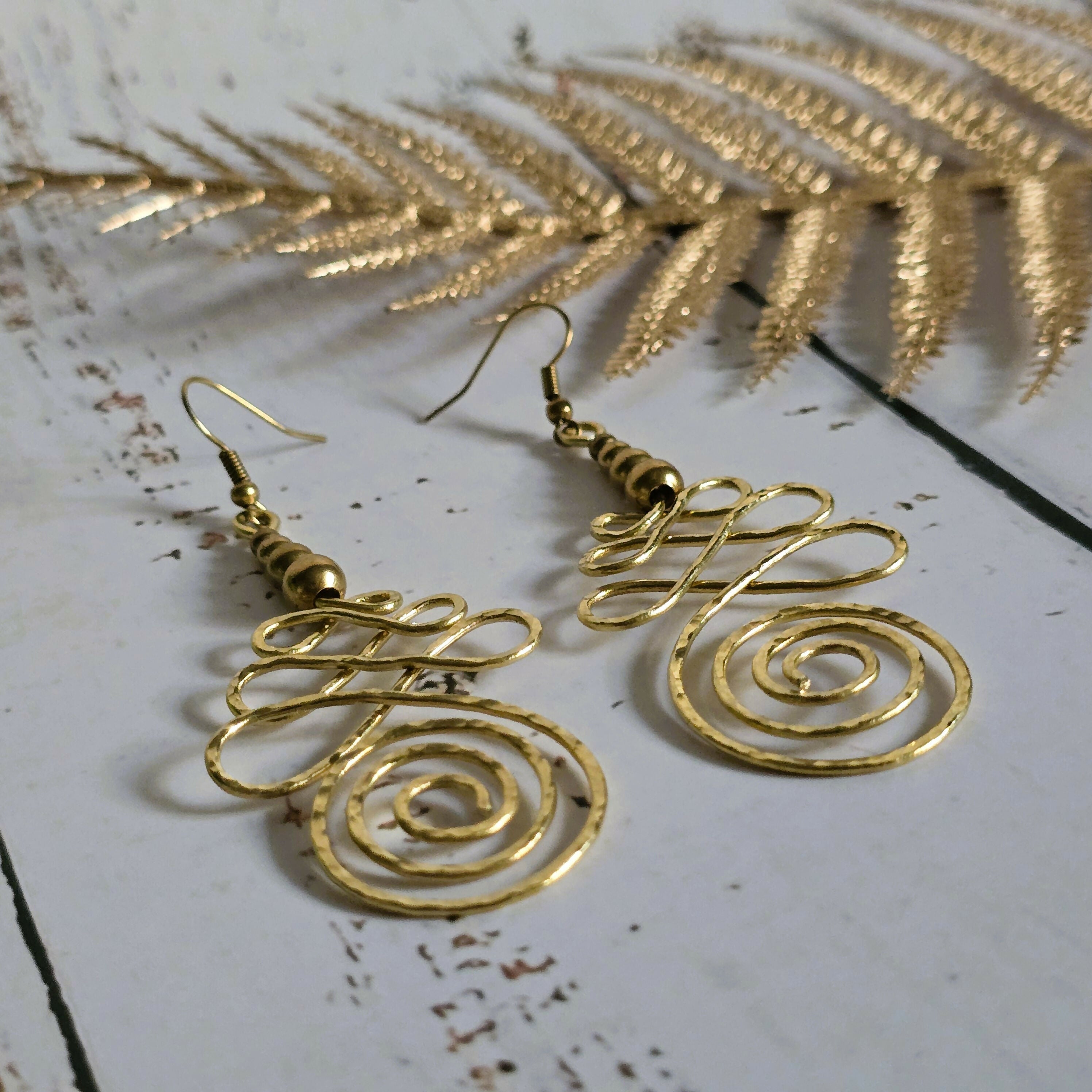 Gold Unalome Earrings; Hand Sculpted Brass Wire Spiral Buddhist Boho Thai Earrings