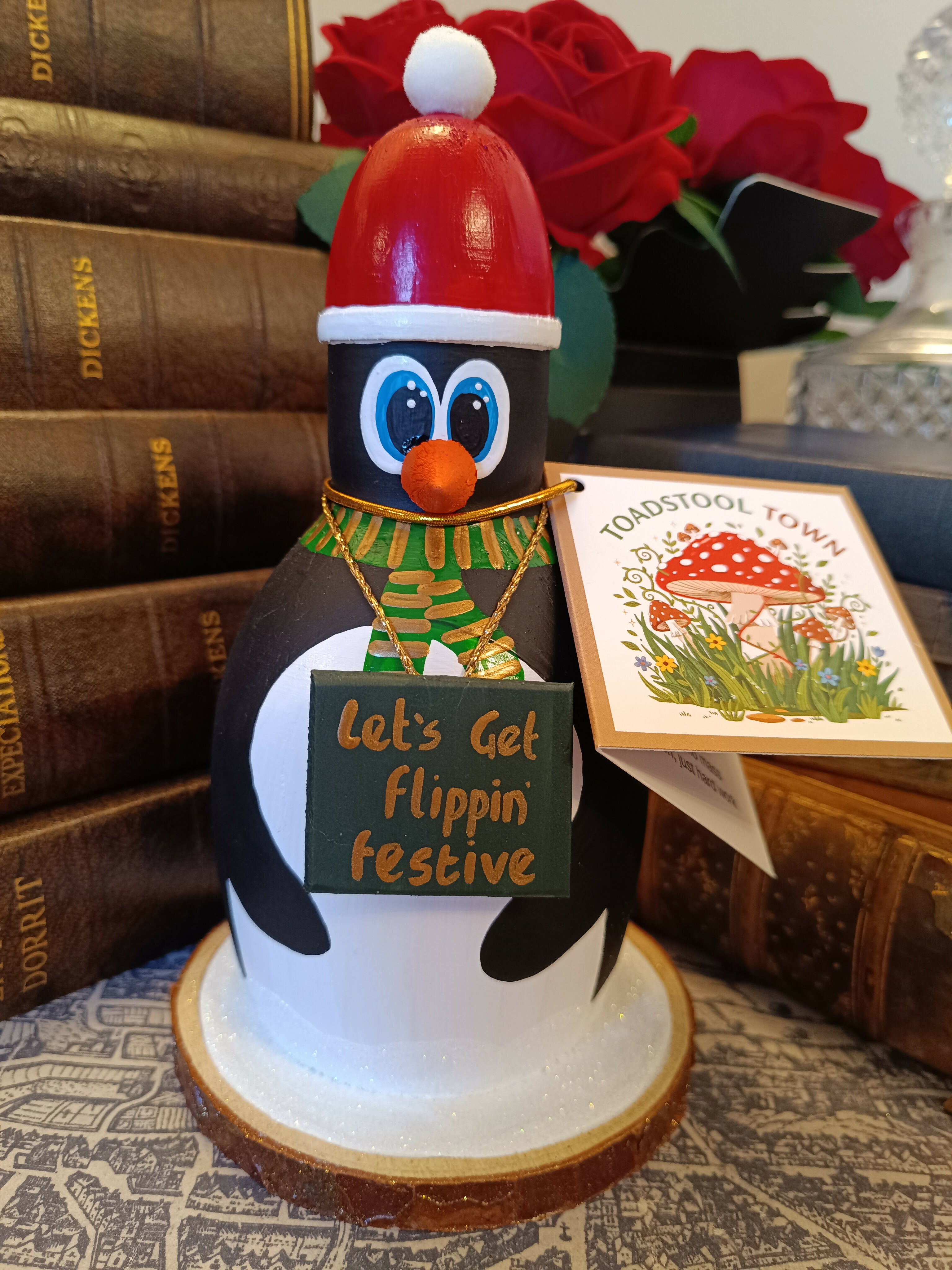 Handmade Wooden Holiday Penguin Figurine - "Let's Get Flippin' Festive"