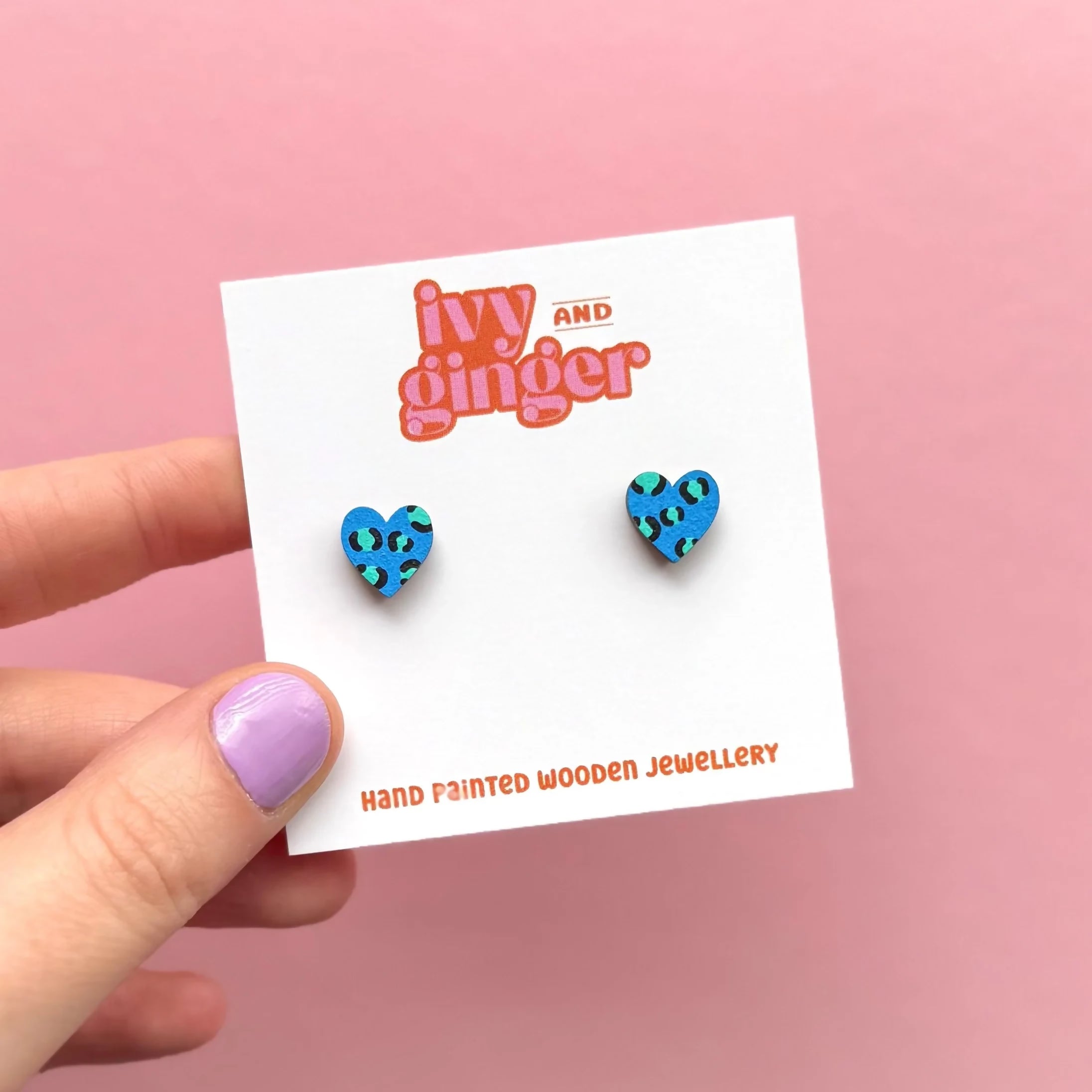 Hand Painted Blue and Teal Leopard Print Heart Stud Earrings