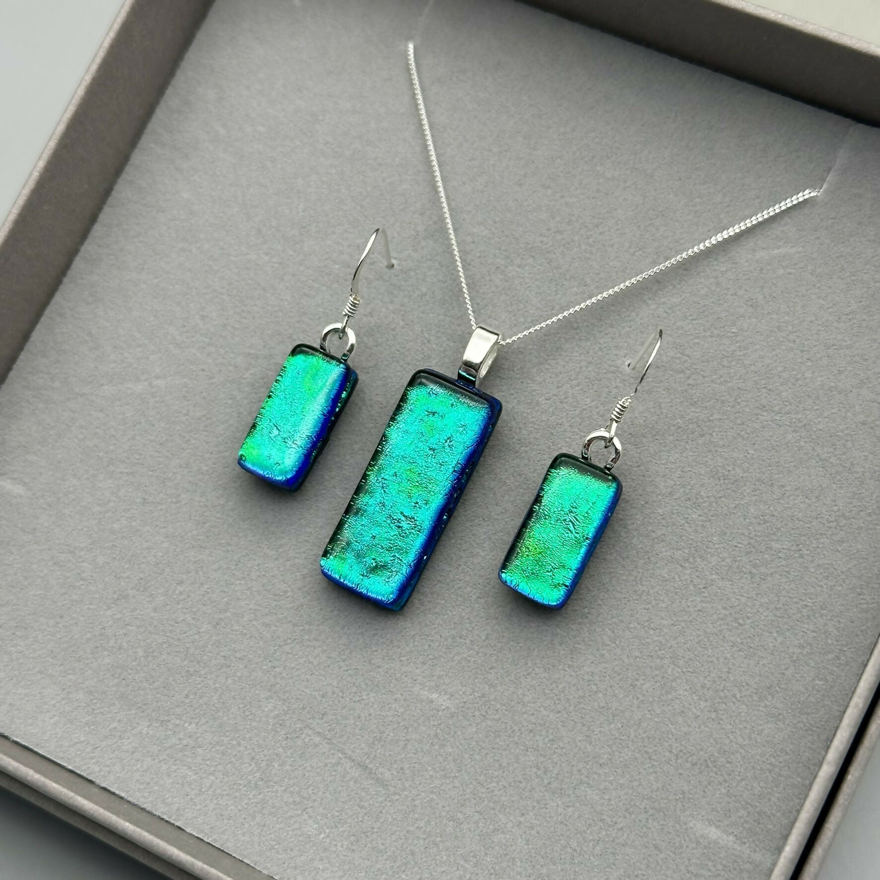 Emerald Green Dichroic Glass Necklace and Earrings Set - Sterling Silver, Handmade by Jade Tapson Glass
