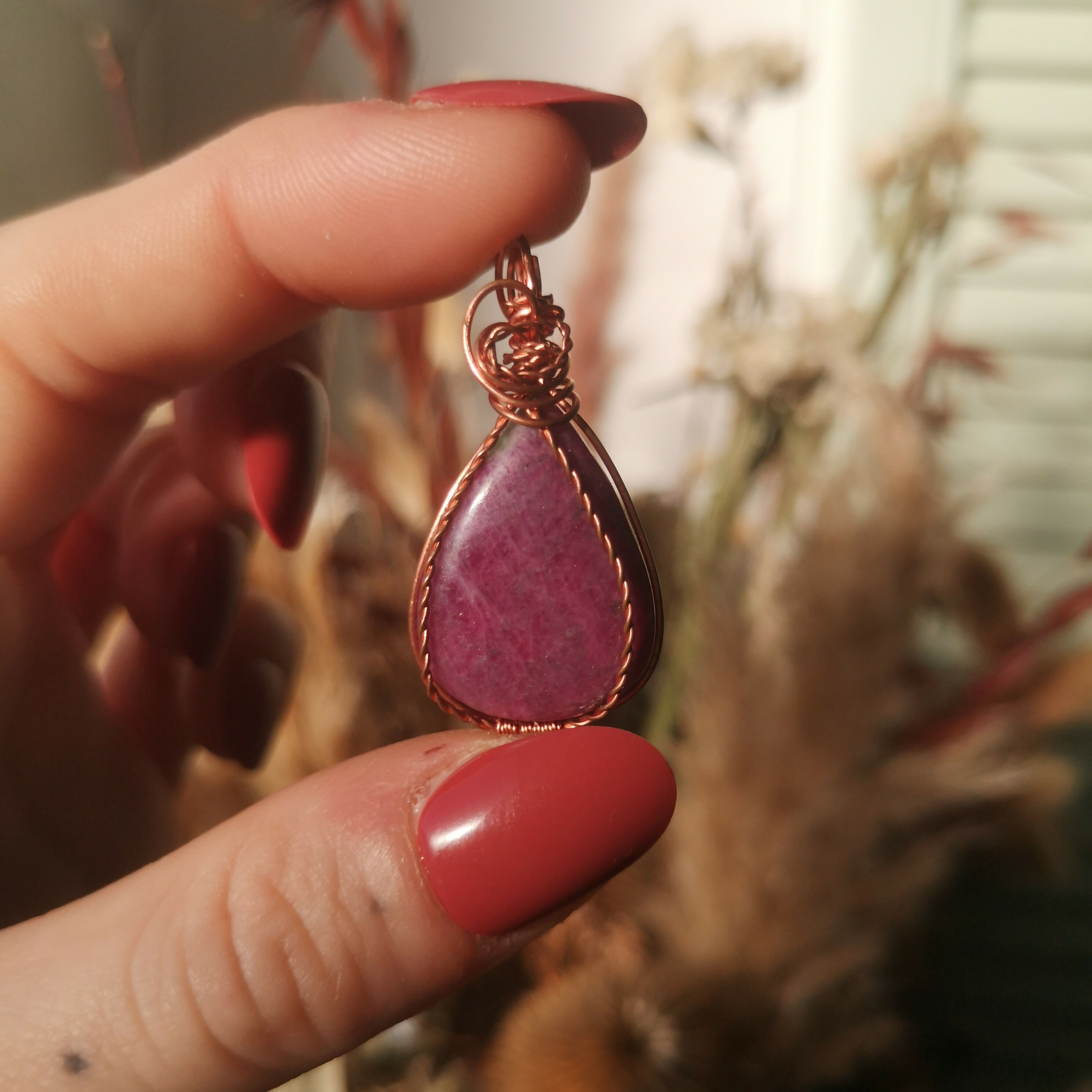 Natural Ruby & Copper Pendant with Black Cord.