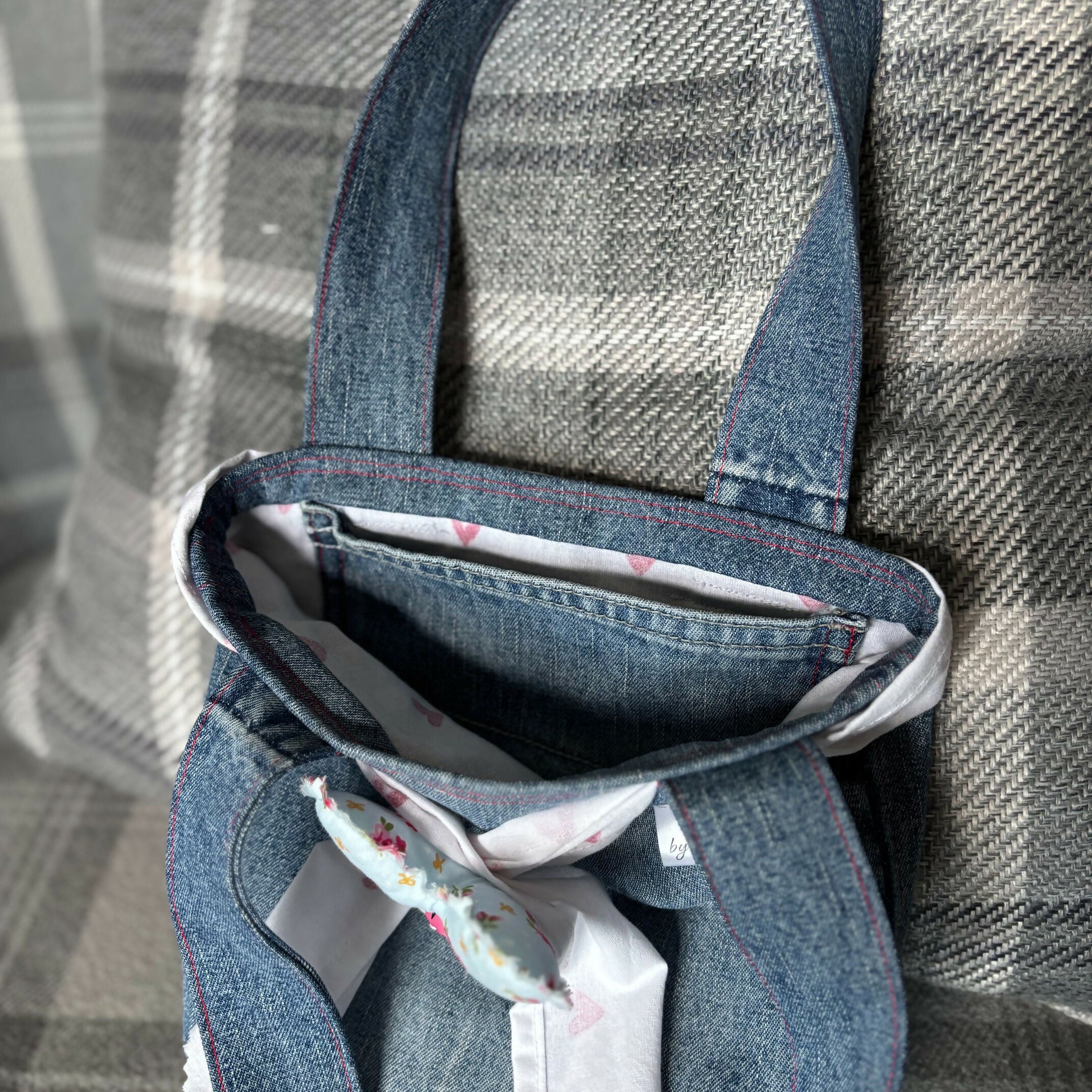 Unique Handcrafted Cute Denim Tote Bag Handbag Made From Upcycled Jeans With Padded Heart Decoration
