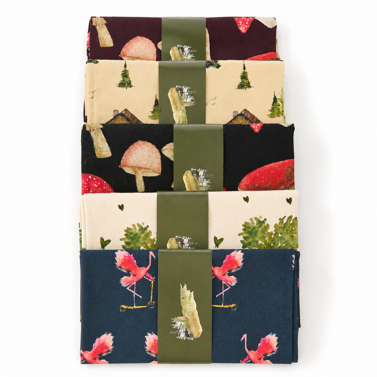 Art-led Cotton Tea Towel | flamingo, cottage, heart tree, mushrooms designs