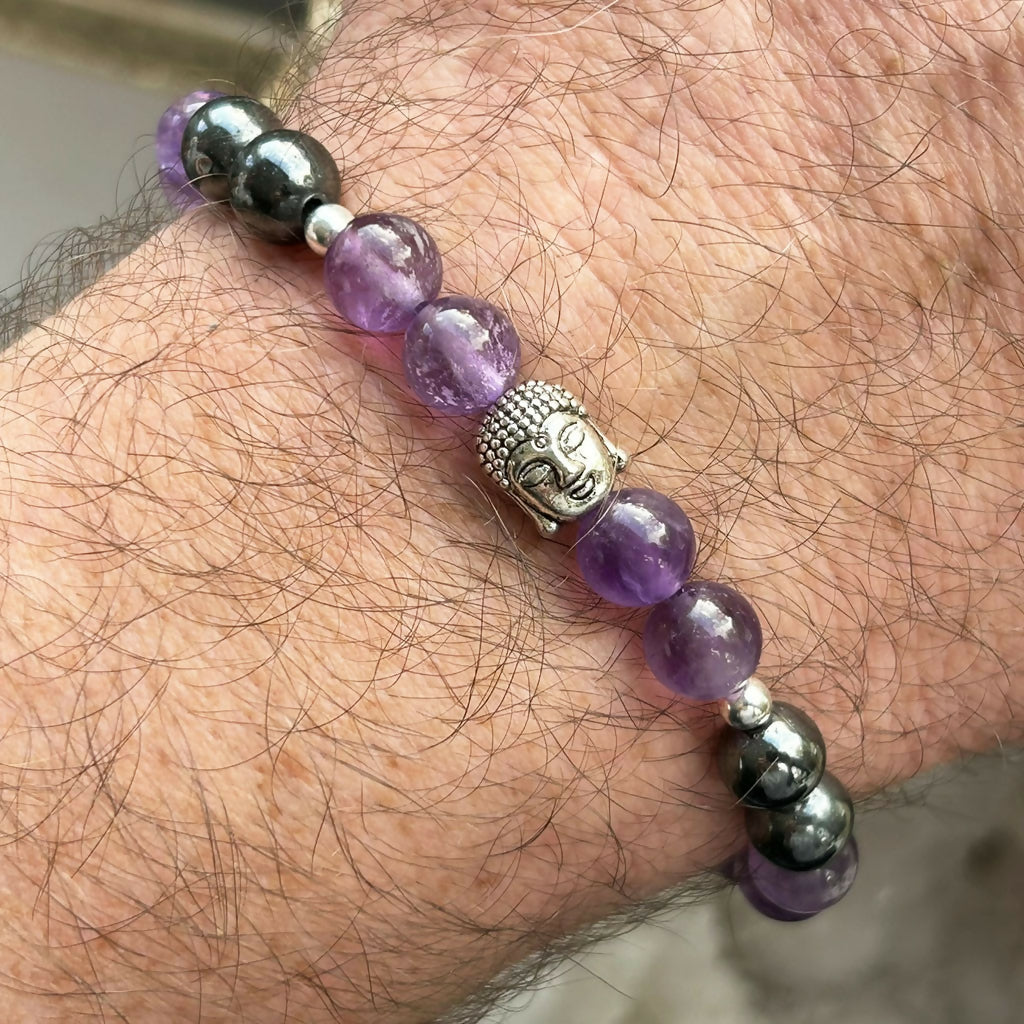 Men's Handmade Sterling Silver Amethyst And Hematite Buddha Bracelet