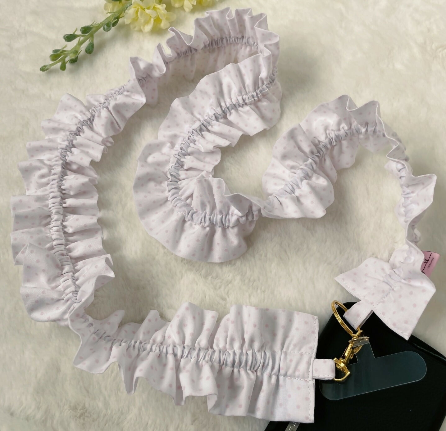 Handmade Ruffled Crossbody Phone Strap White with Pink Polka dots