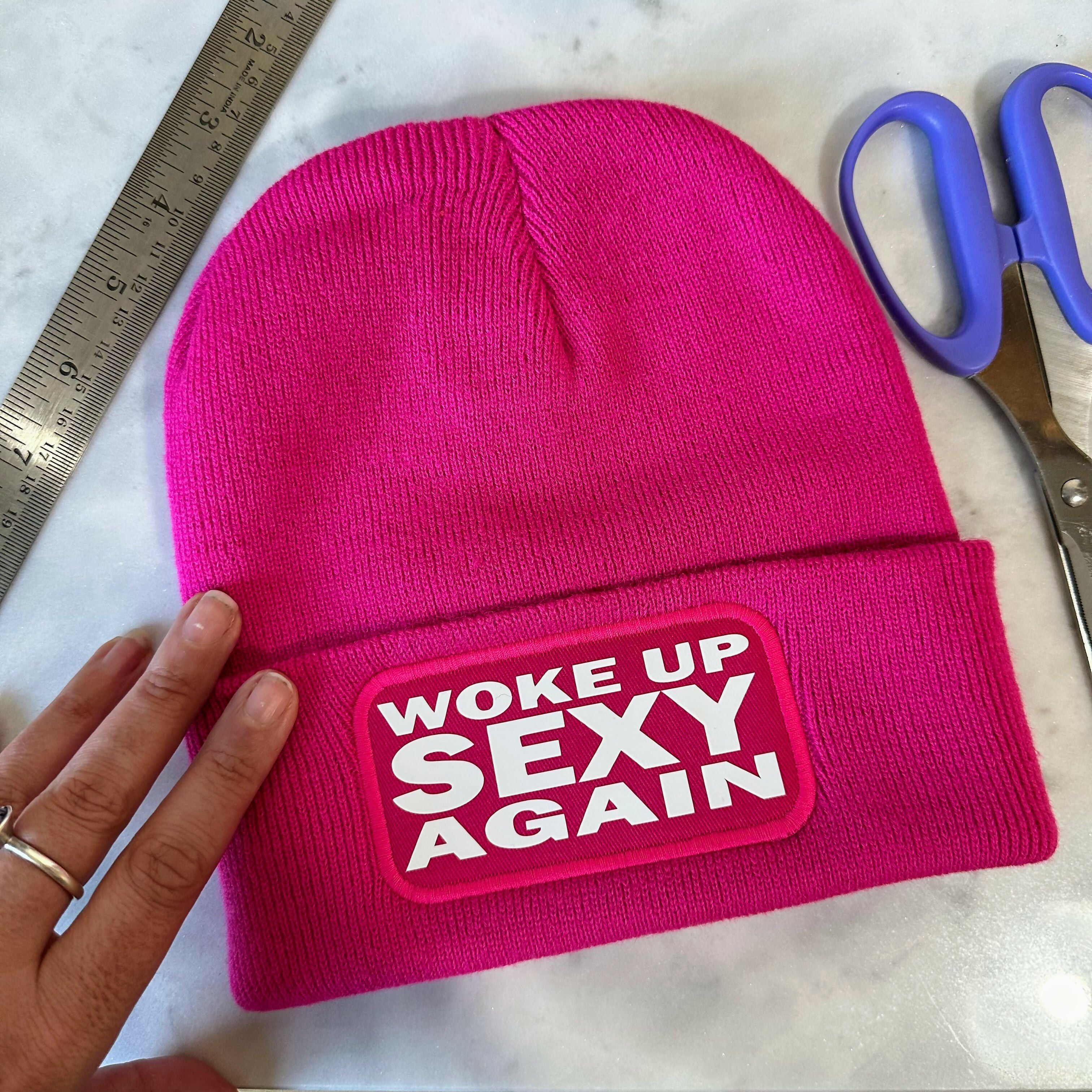 Woke Up Sexy Again Cuffed Rectangular Patch Beanie Hat
