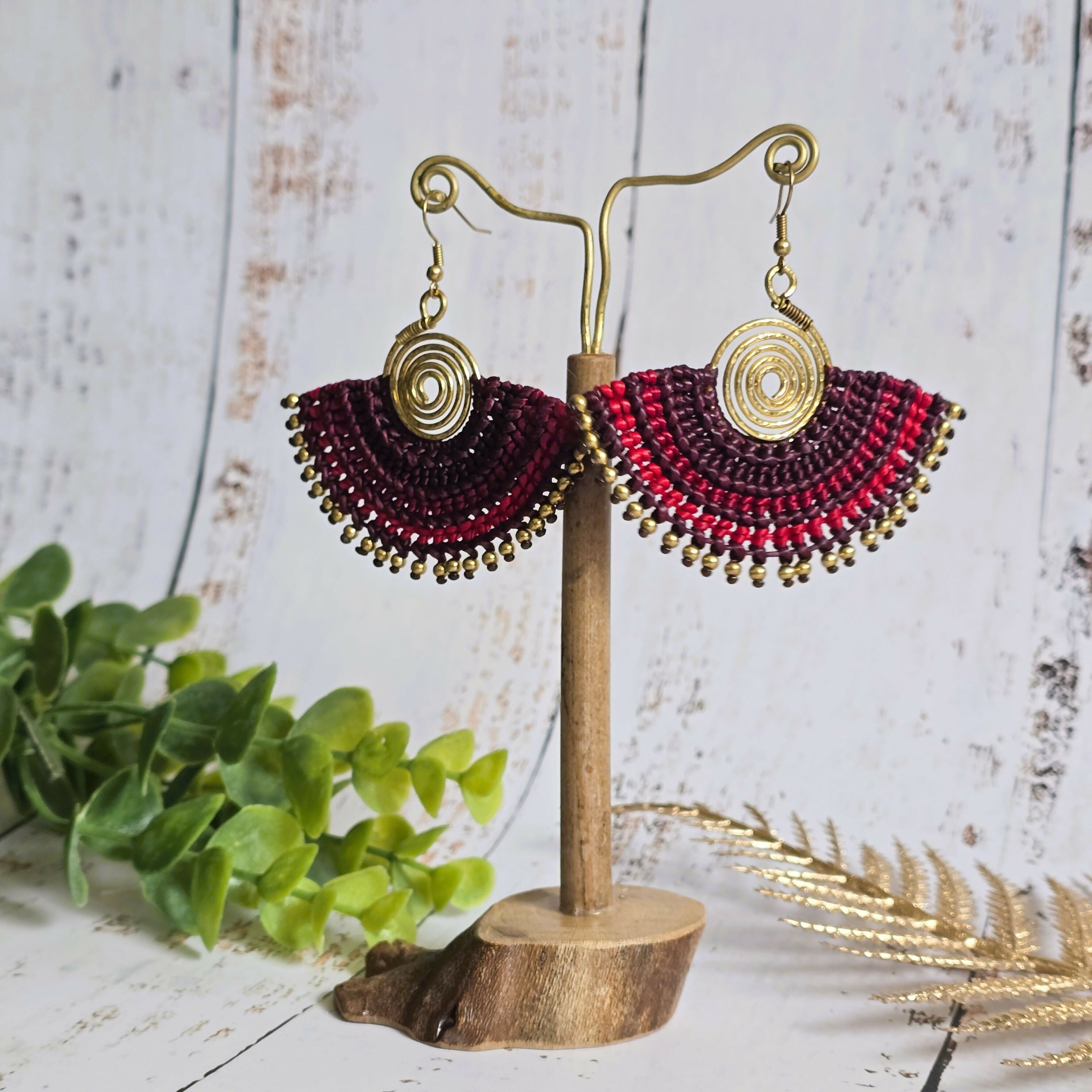 Red Macrame Fan Earrings; Statement Golden Spiral Wire-Art Thai Artisan Earrings