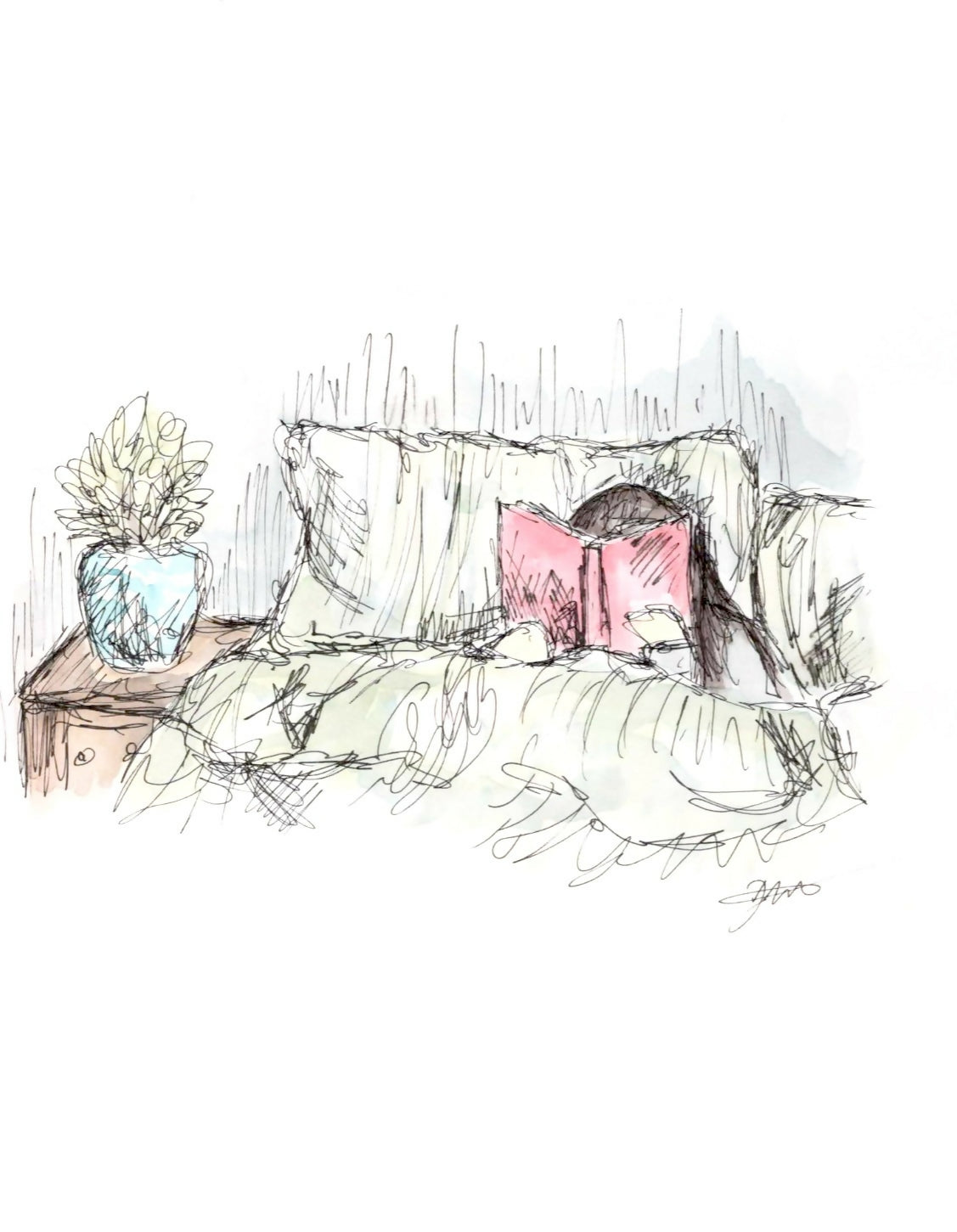 Reading In Bed Watercolour Print