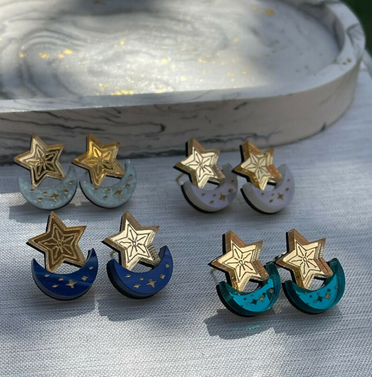 Celestial, Engraved, Moon And Star Stud