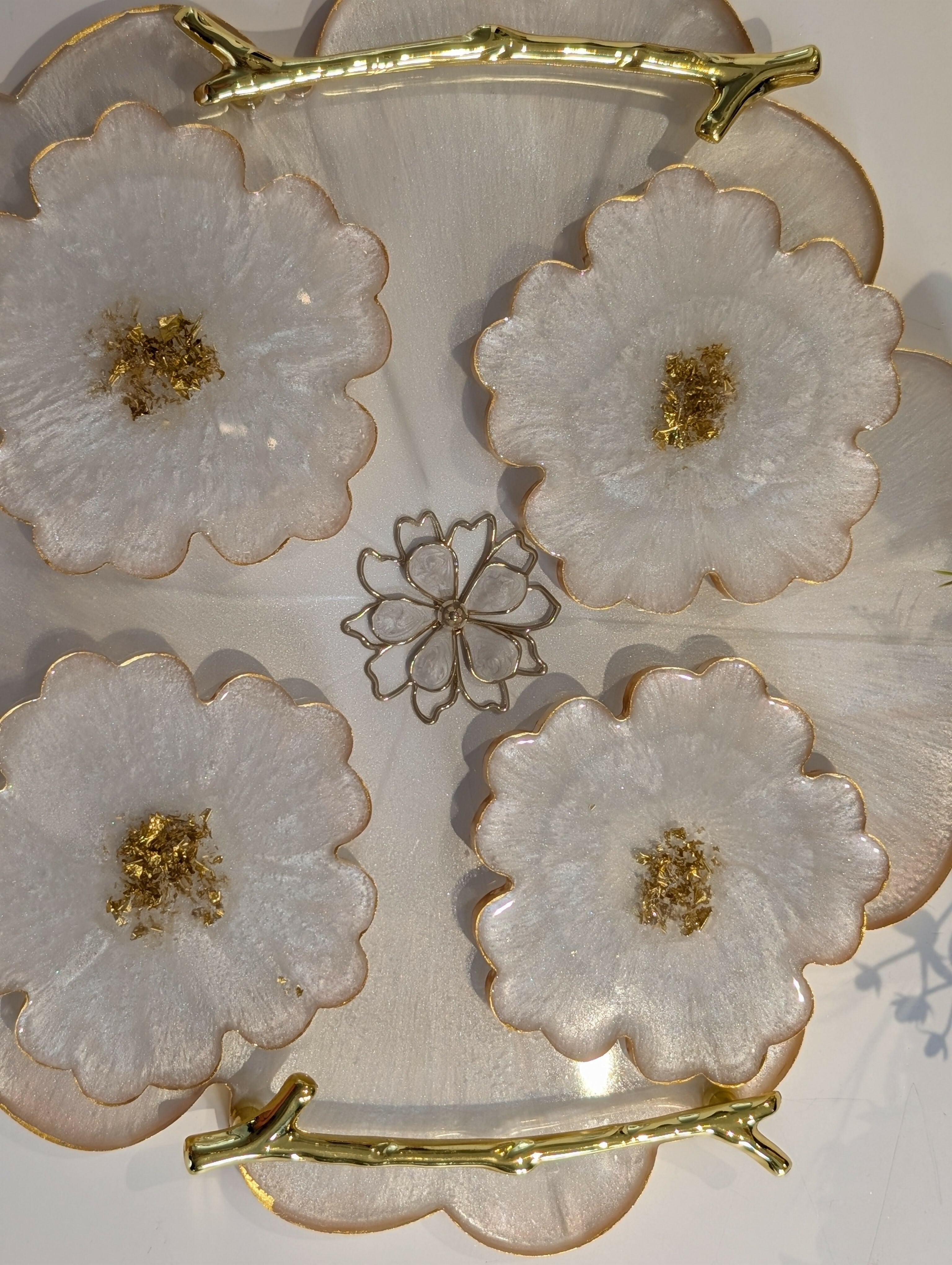 GOLD HANDLE SERVING TRAY HANDMADE FLOWER SET WITH COASTERS