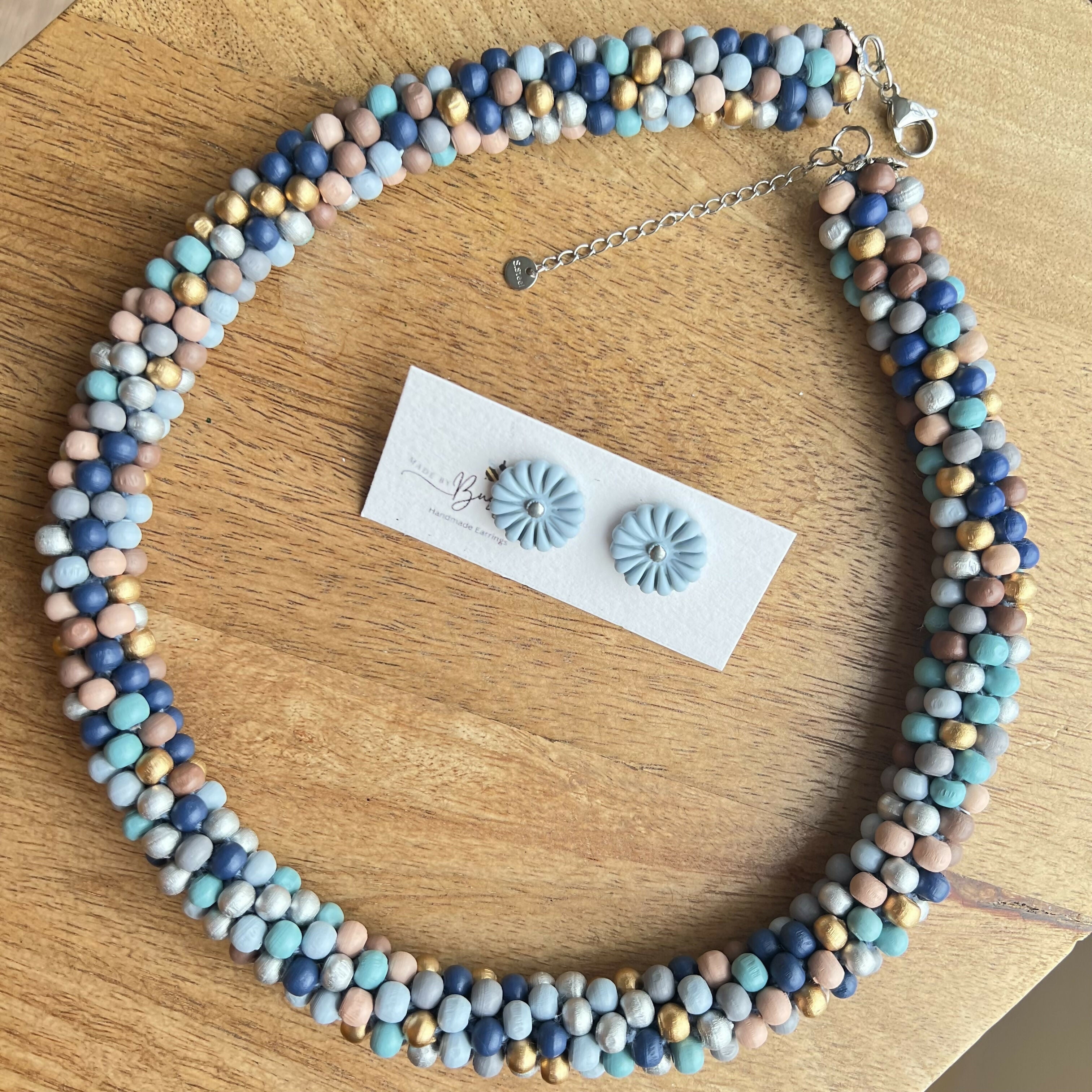 Boho Chic Wood Beads Choker/ Handmade Multicolour Necklace with FREE pair of studs