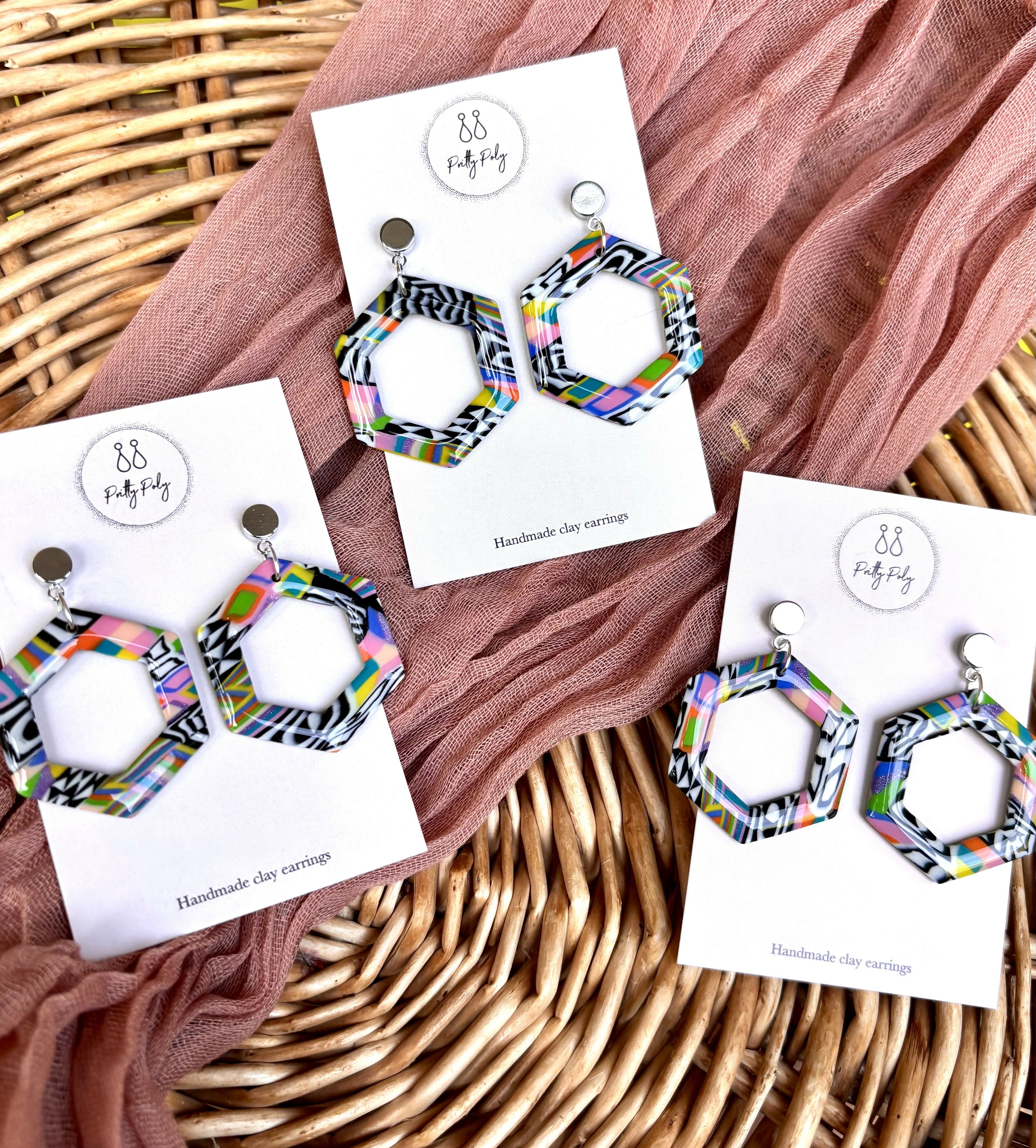 Funky Pattern Collection - Hexagon Polymer Clay Earrings