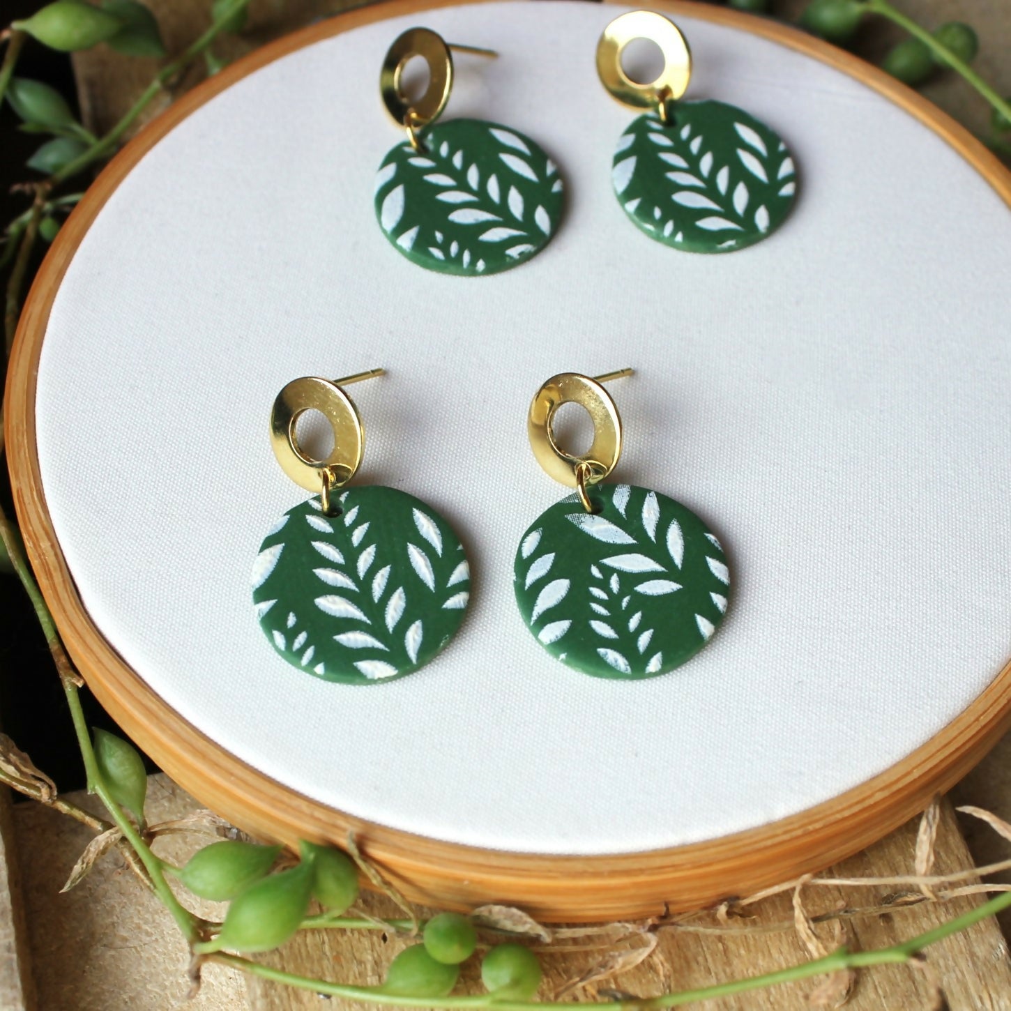 White And Green Leaf Print Circle Earrings