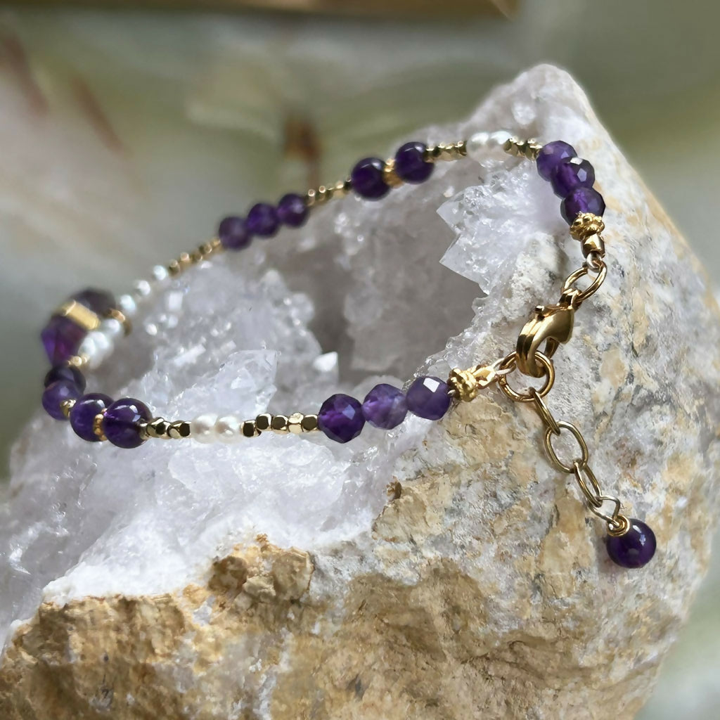Handmade Gold Vermeil Amethyst And Freshwater Pearl Charm Bracelet.