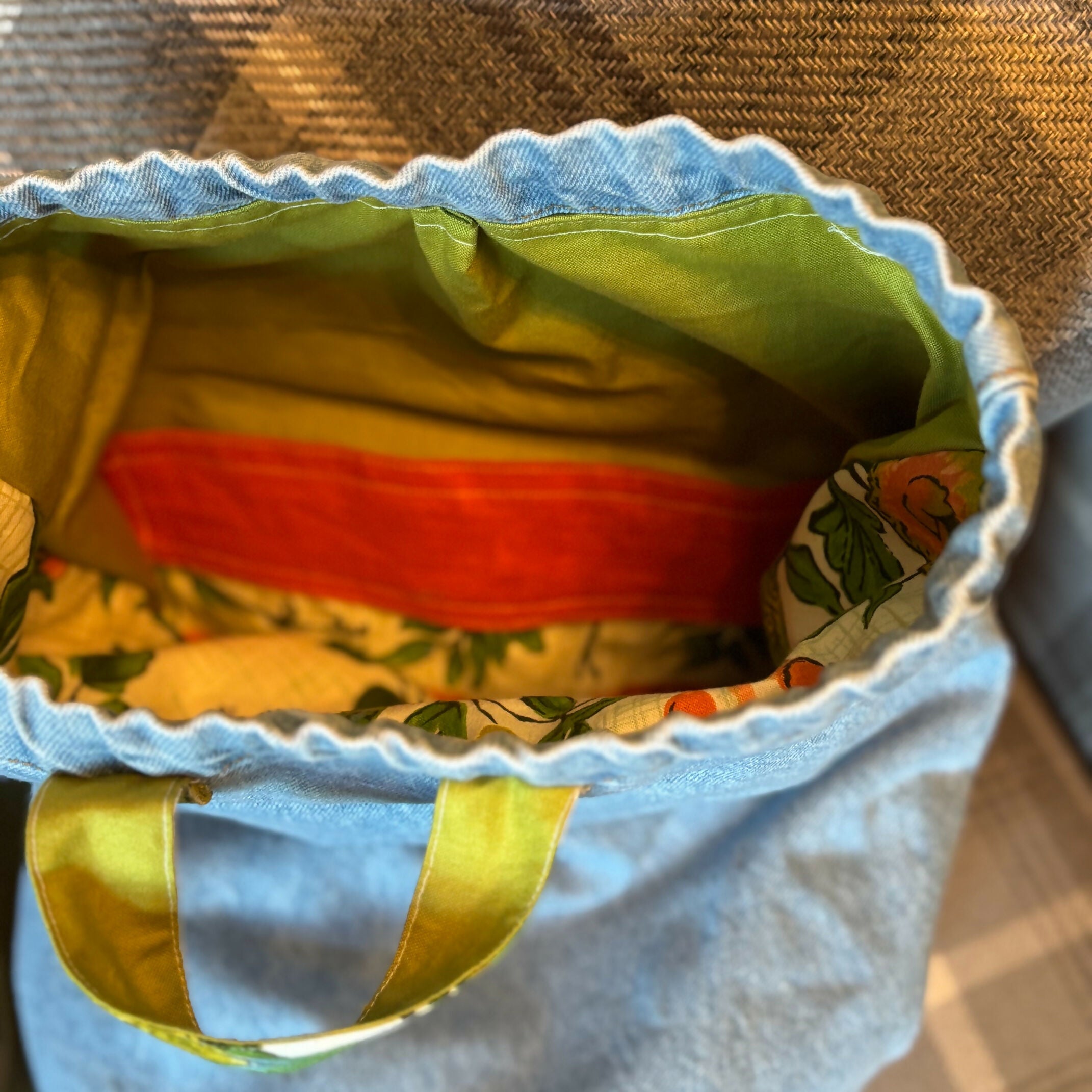 Unique Handcrafted Denim Drawstring Barrel Bag Made From Upcycled Jeans