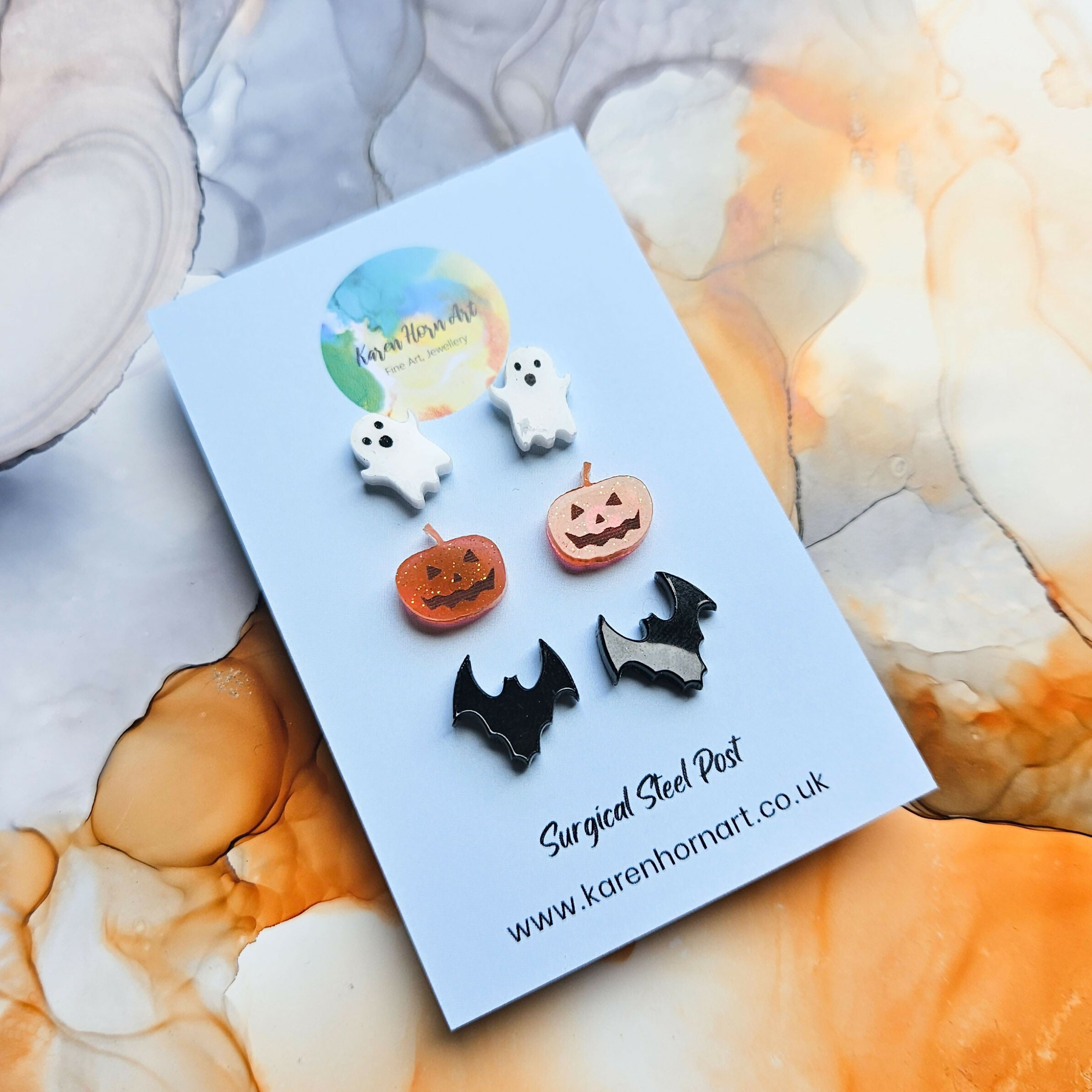 Handmade Ghost Pumpkins Bats Halloween 3 Pack Resin Stud Earrings