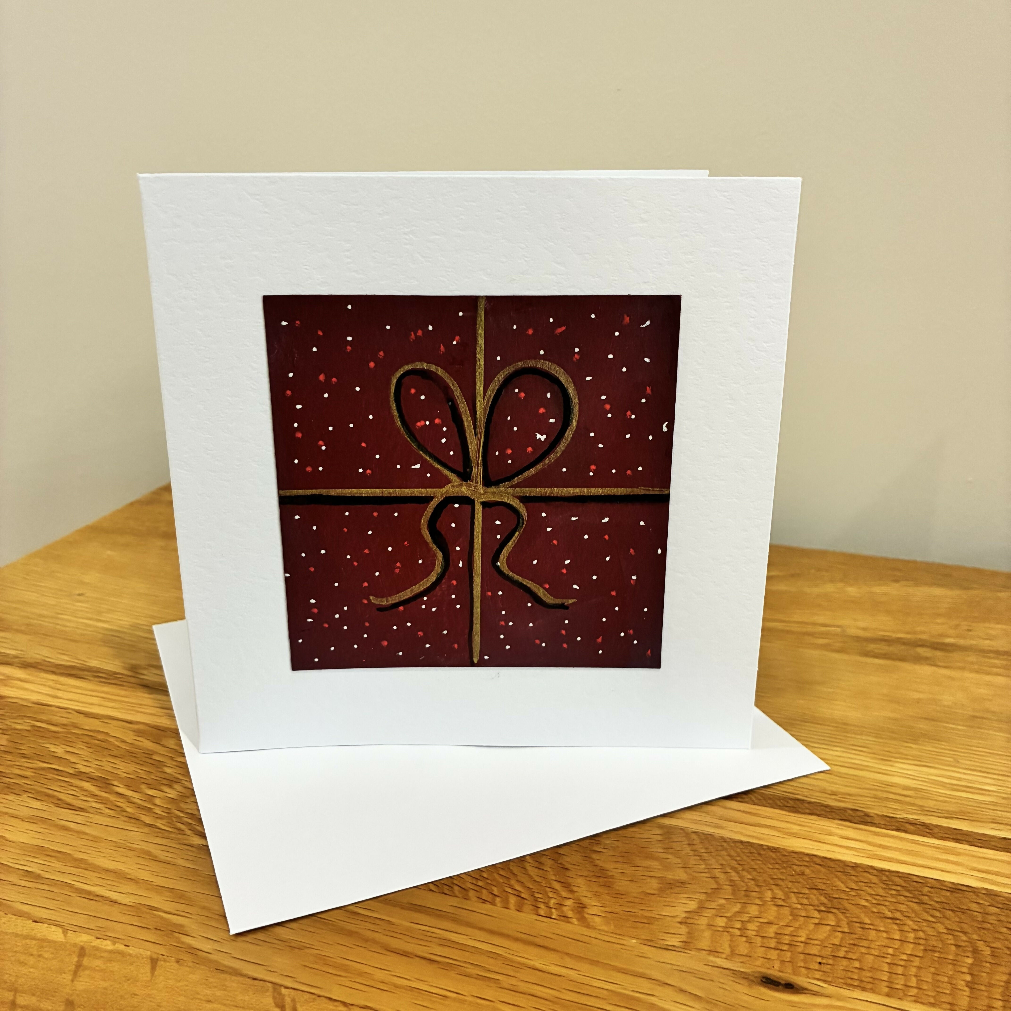 Greetings Card Hand Painted Ribbon Tied Present - Red