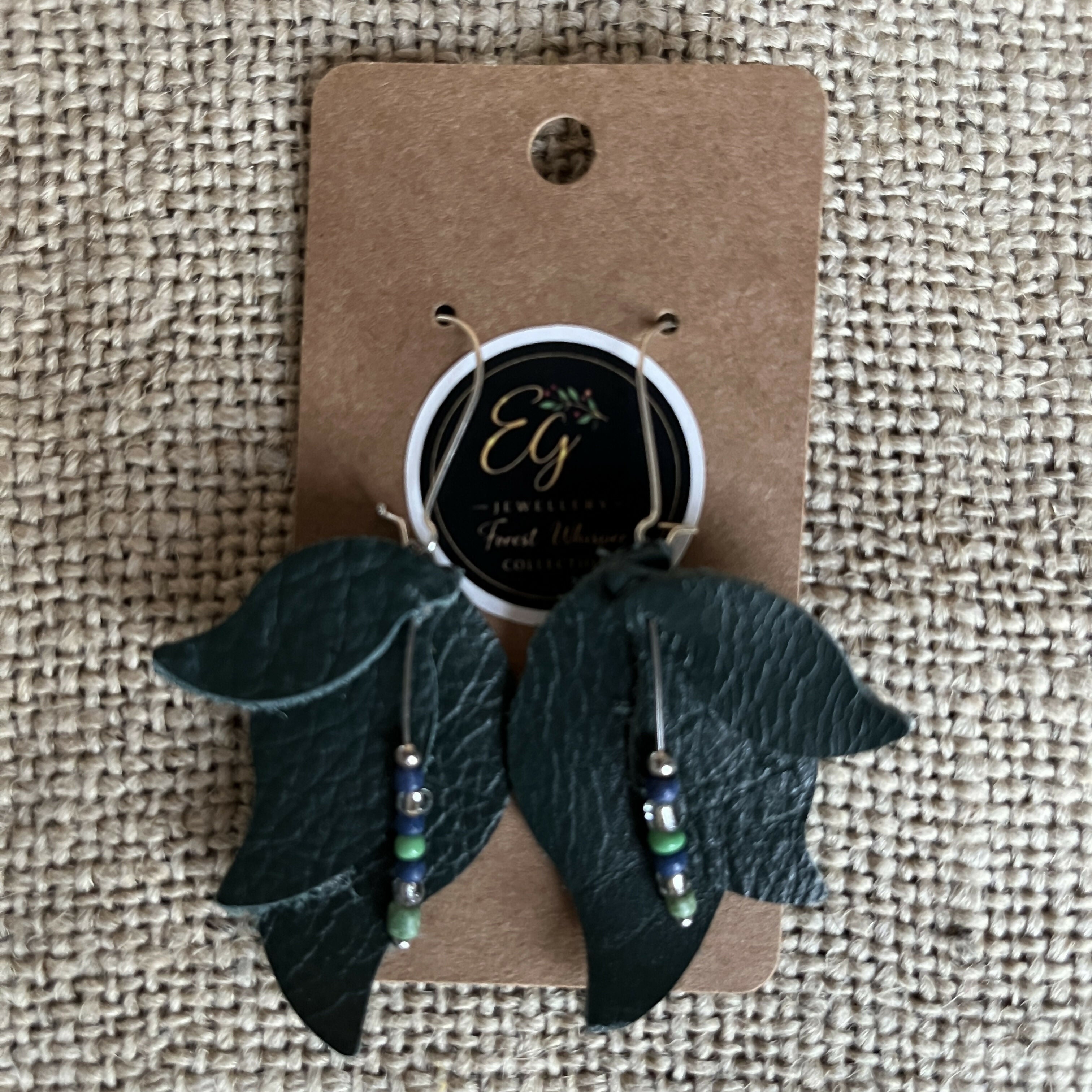 Forest Whisper Leather Earrings – Emerald Leaves