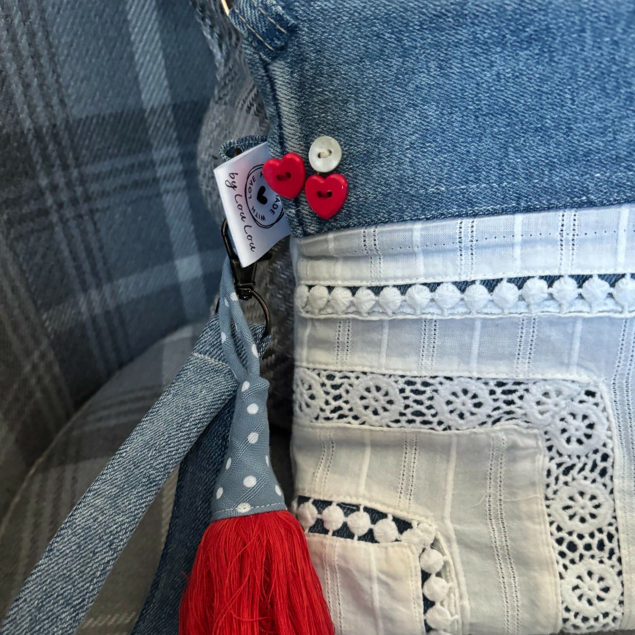 Unique Bag Handbag Made From Upcycled Jeans With Detachable Handle And Wrist Strap Plus Gonk Decoration