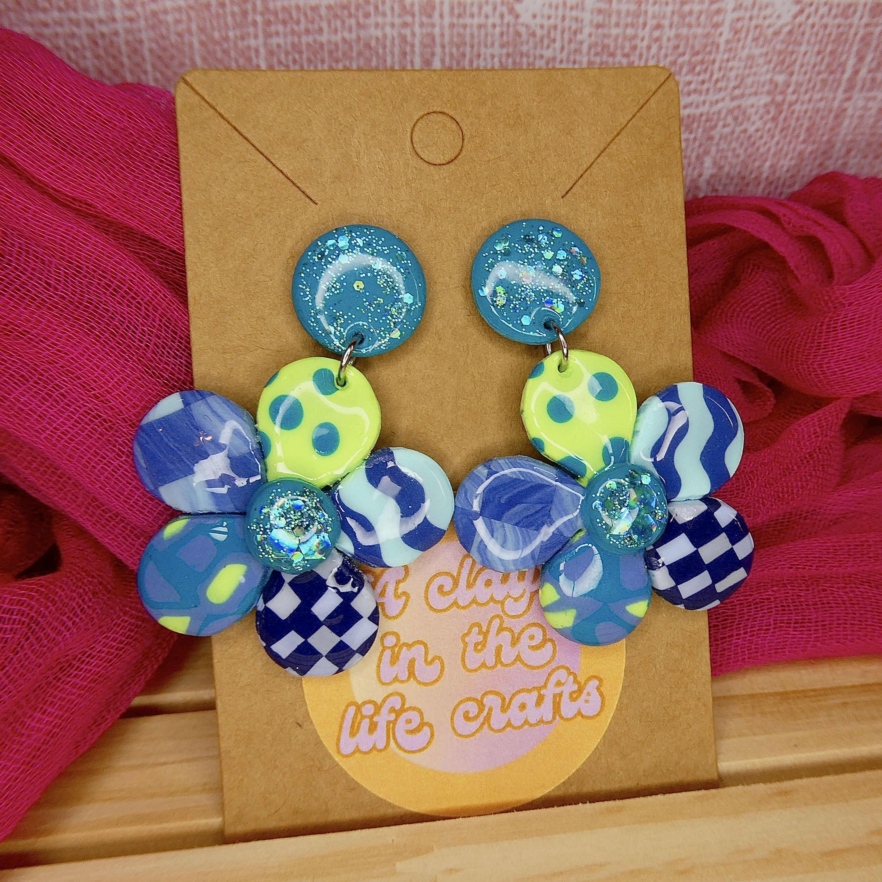 Blue Patchwork Flower Polymer Clay Earrings