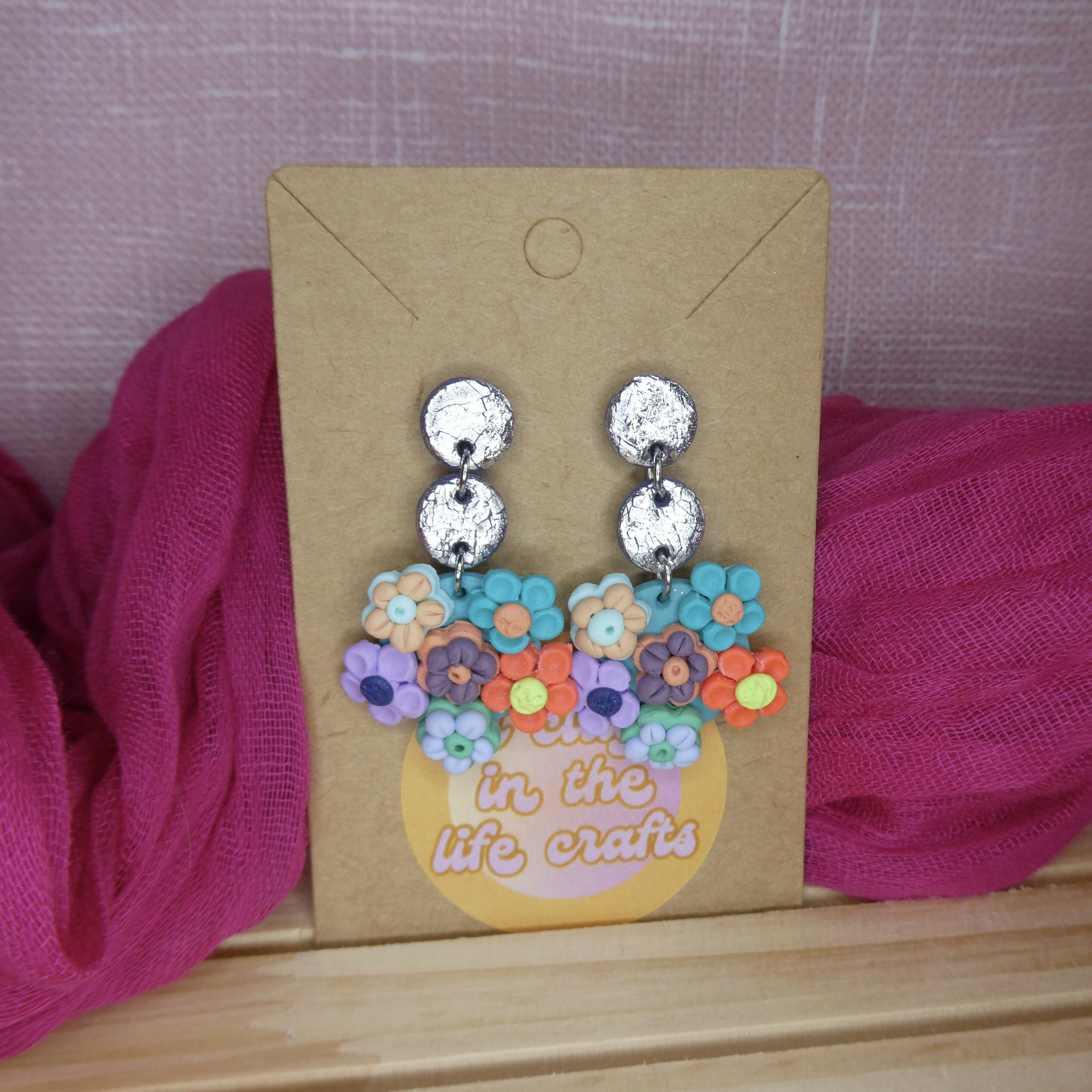 Silver Dangle Polymer Clay Earrings With Multicoloured Flowers