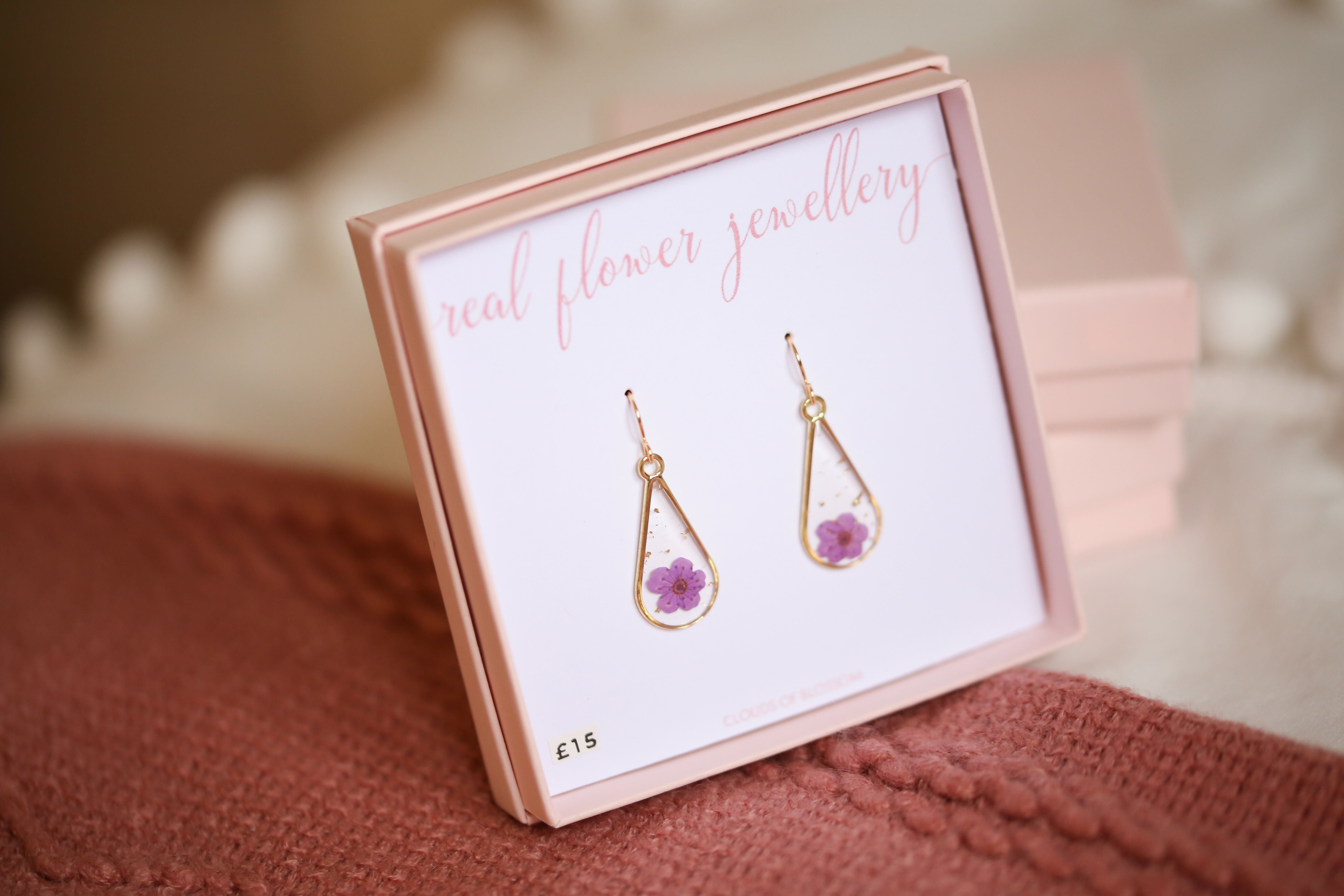 Purple Baby’s Breath Long Teardrop Earrings Gold Plated