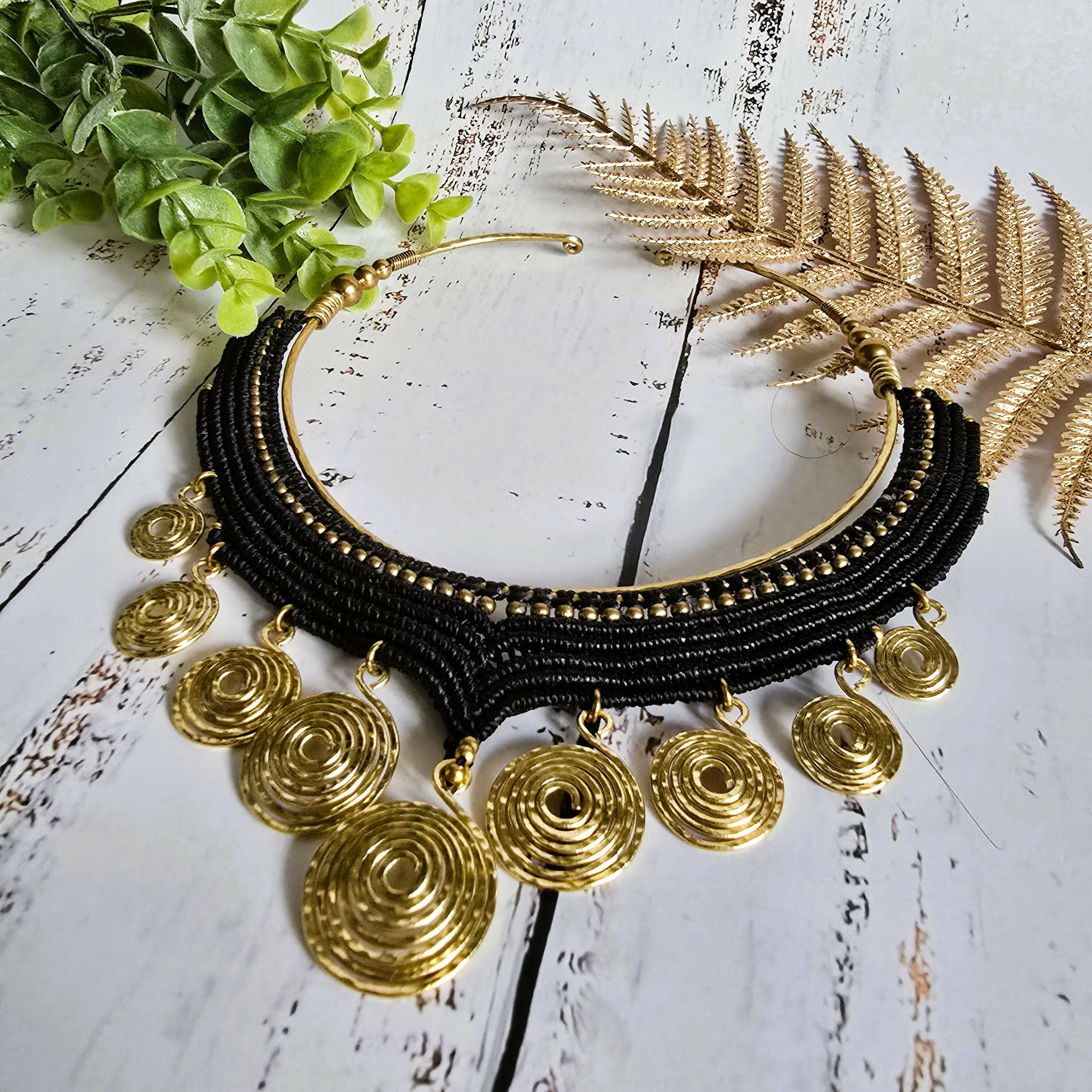 Black Macrame & Gold Brass Wire Spiral Choker; Egyptian Queen Tribal Statement Thai Jewellery