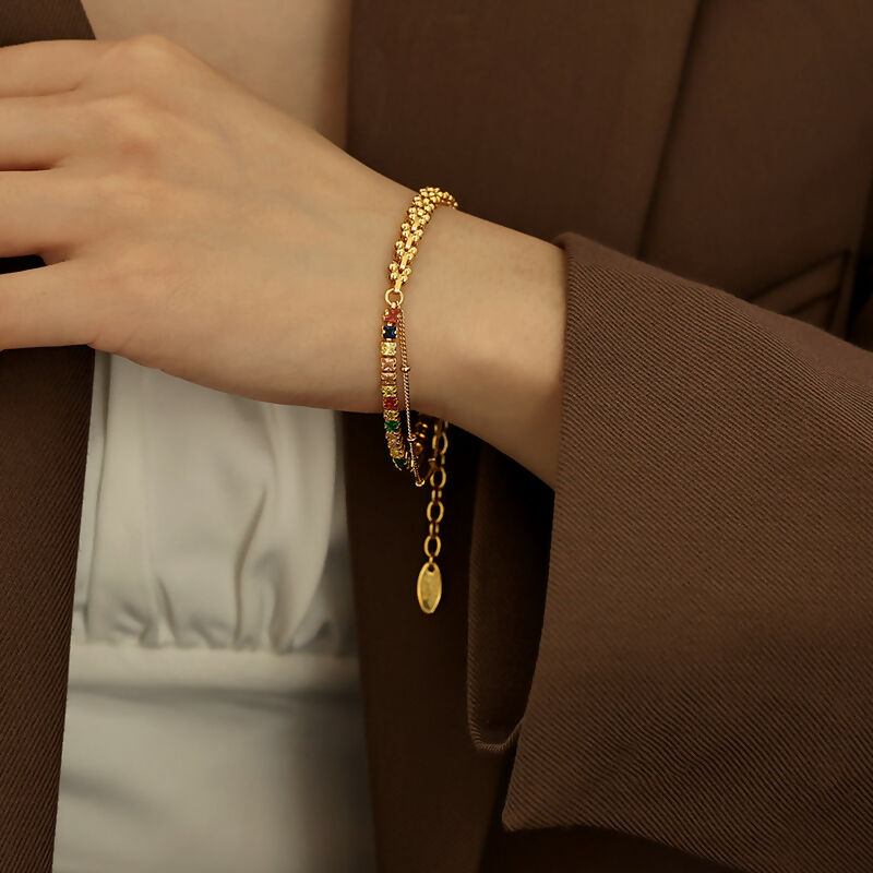 Multi-Color Zircon and Gold-Plated Dual-Chain Bracelet