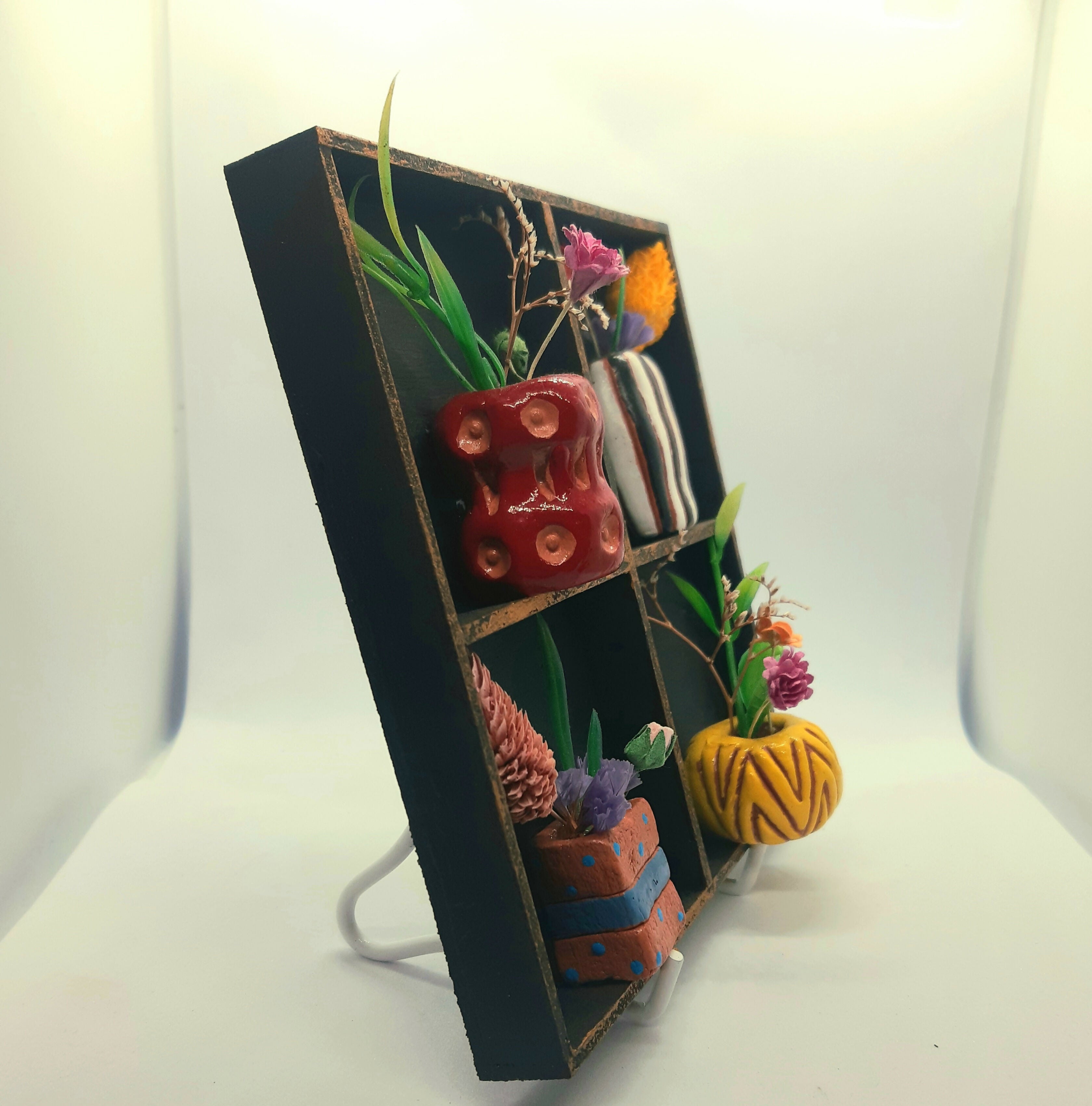 Colourful Vases and Faux Flowers in Black Painted Wooden Trinket Tray