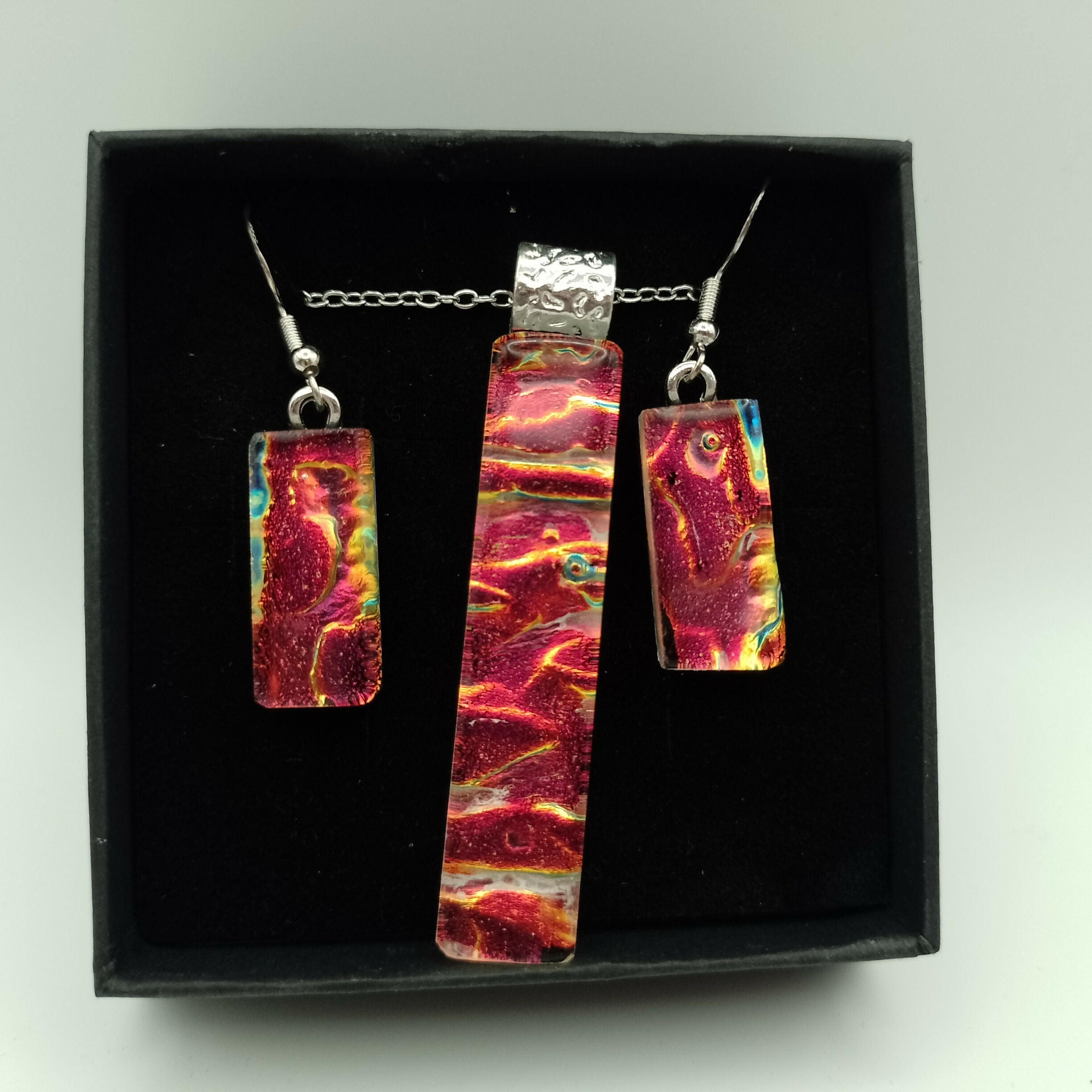 Dichroic Glass Red and Gold Ripple Pendant and Earring Set