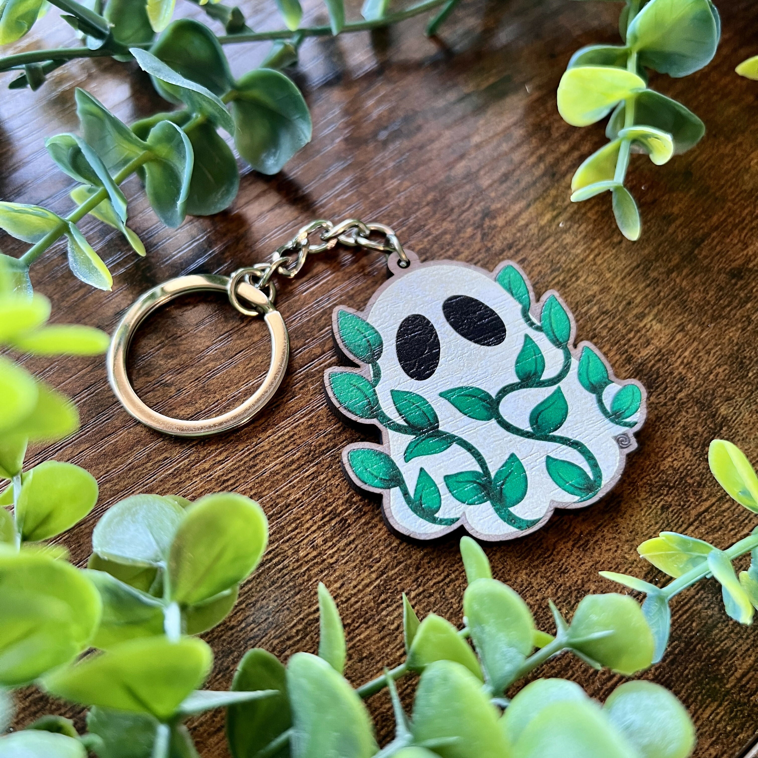 Leafy Ghost Wooden Keyring