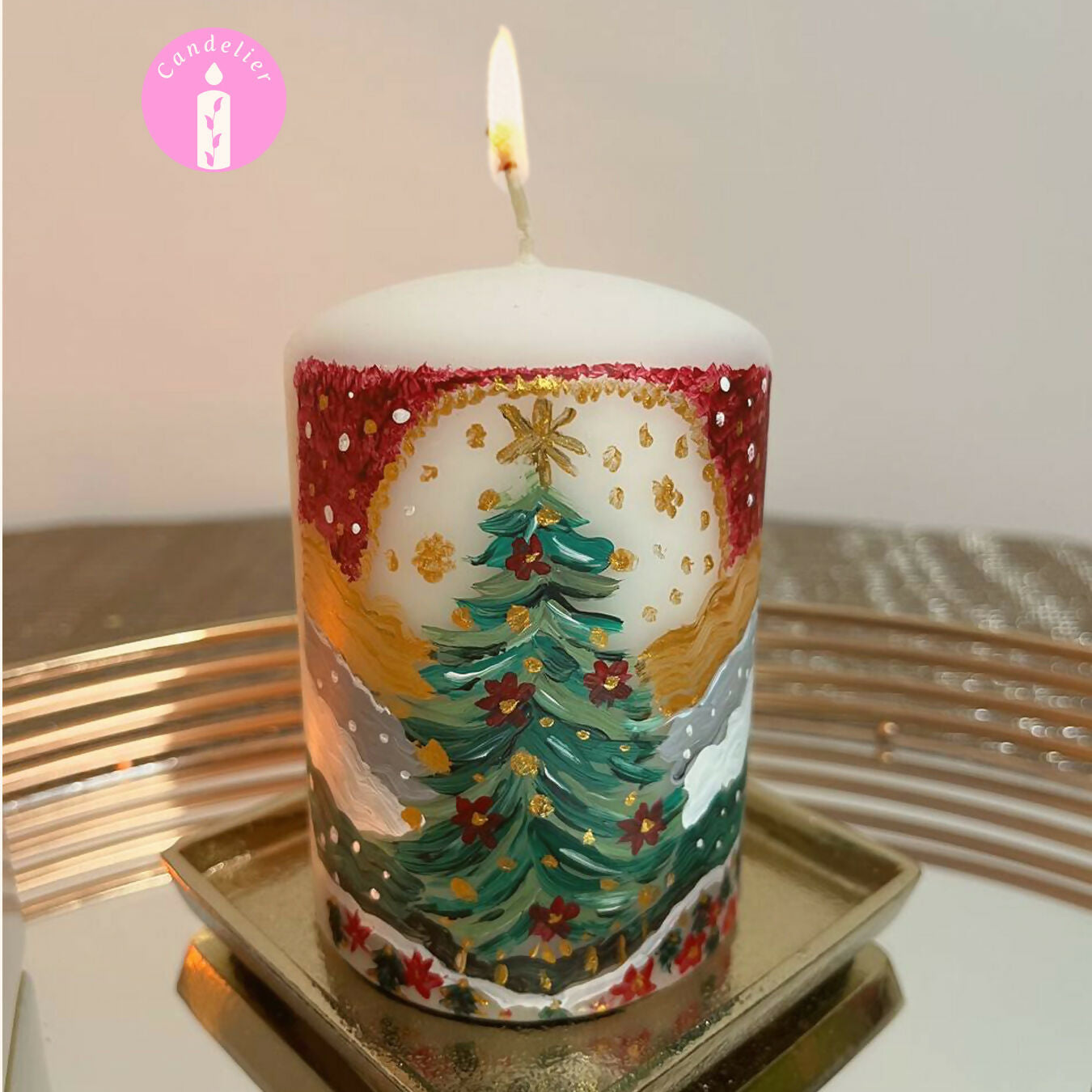 Christmas Tree Design on White Candle