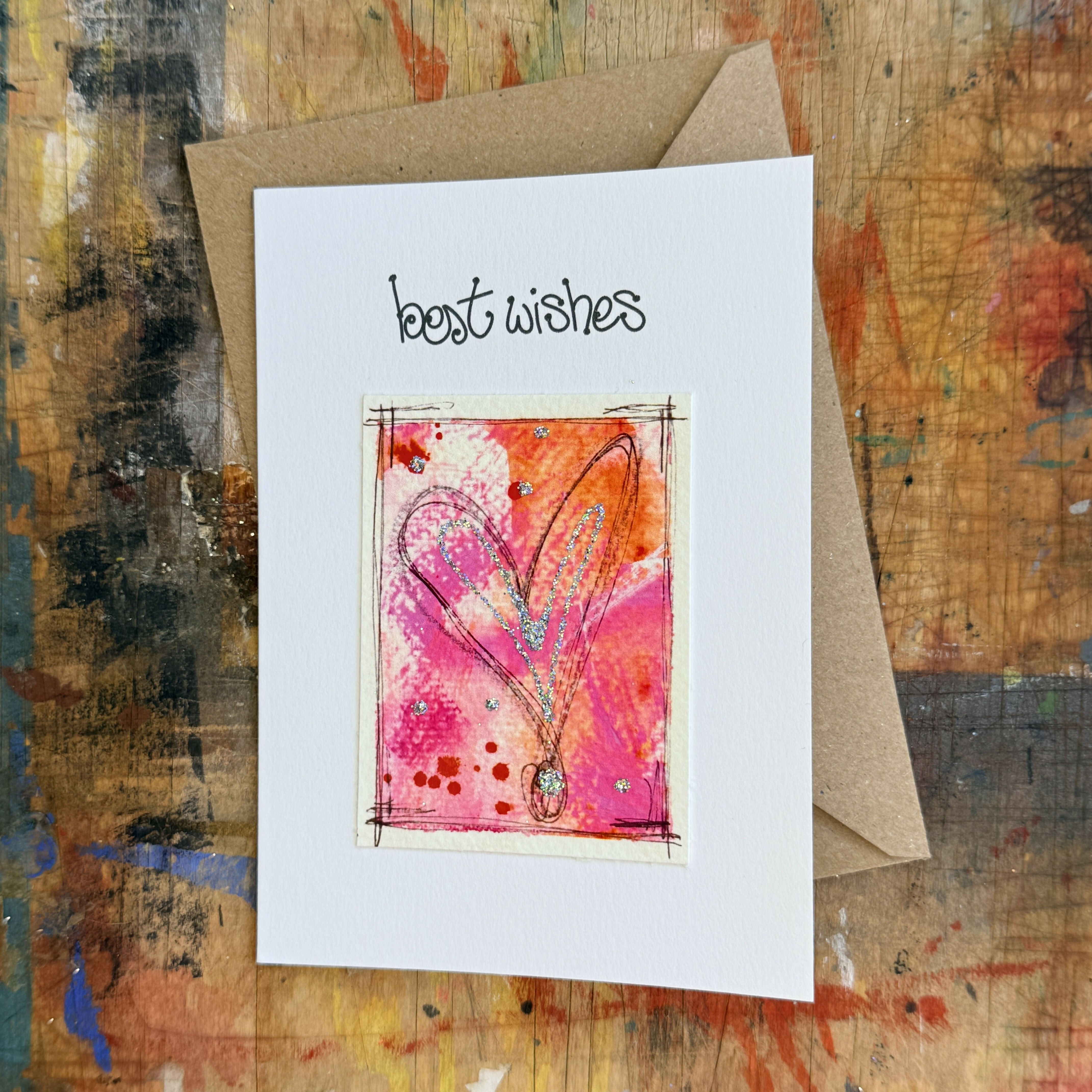 Abstract Sparkle Heart Best Wishes Card in Pink