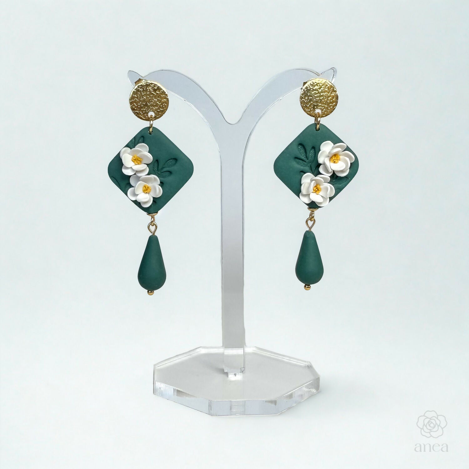 Green Floral Drop Earrings with White Blossoms and Gold Detail