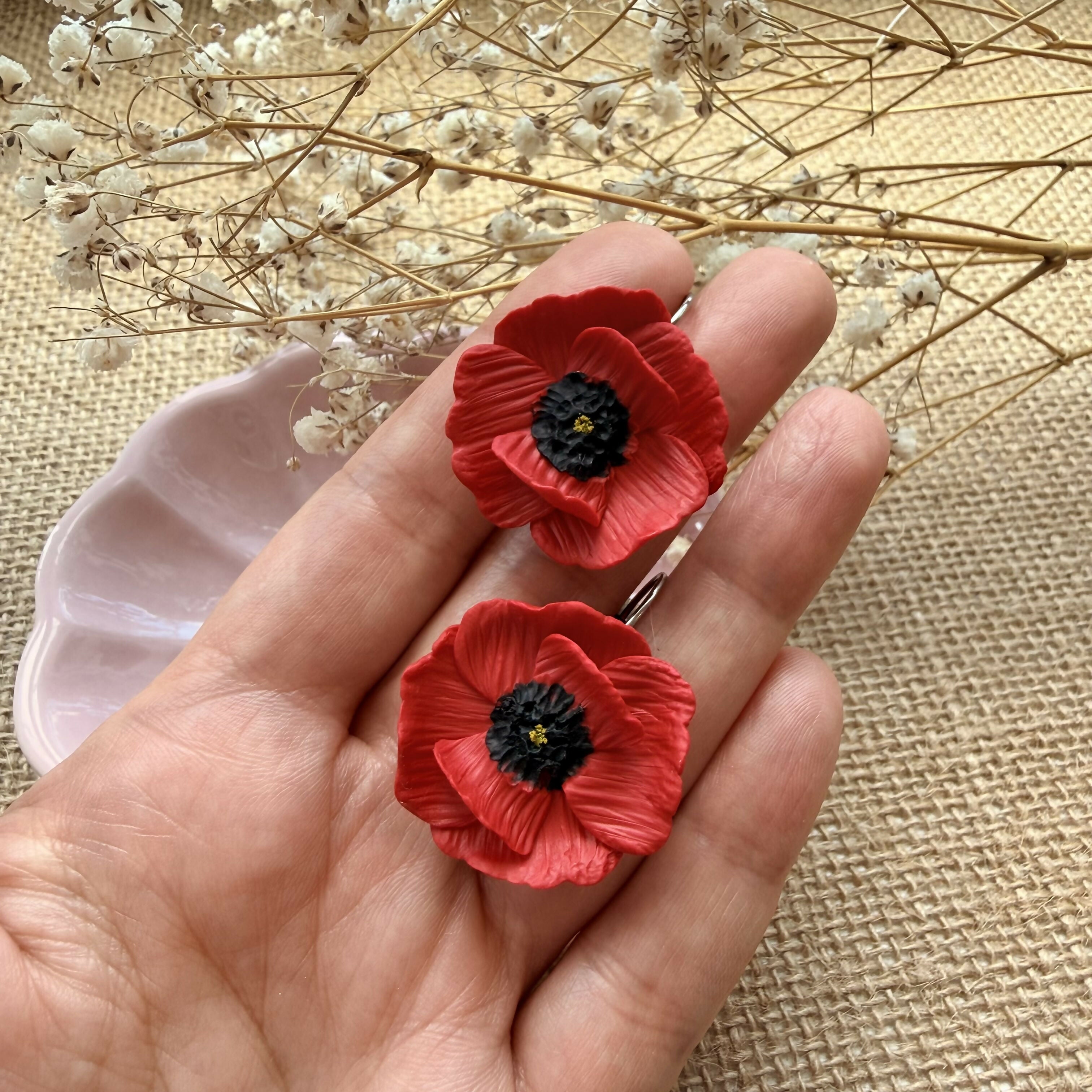 Red Poppy Drop Earrings with Textured Black Centre