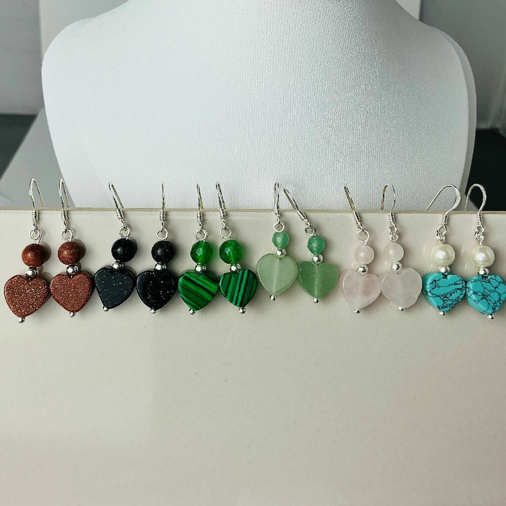 Sterling Silver And Gemstone Heart Drop Earrings