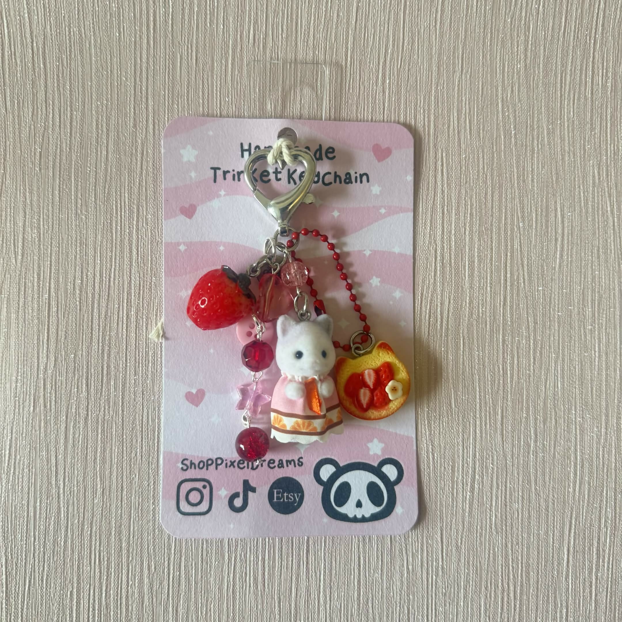 Strawberry Fruity Baby Cat Toy Figure Beaded Trinket Keychain