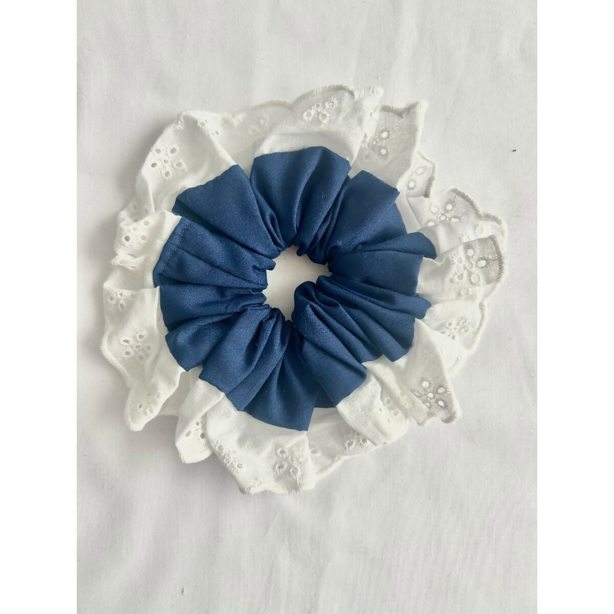 Navy Blue Oversized Ruffle Broderie Lace Hair Scrunchie