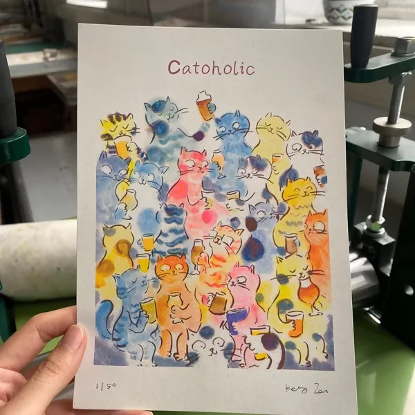 Drinking Cats Catoholic Riso Print