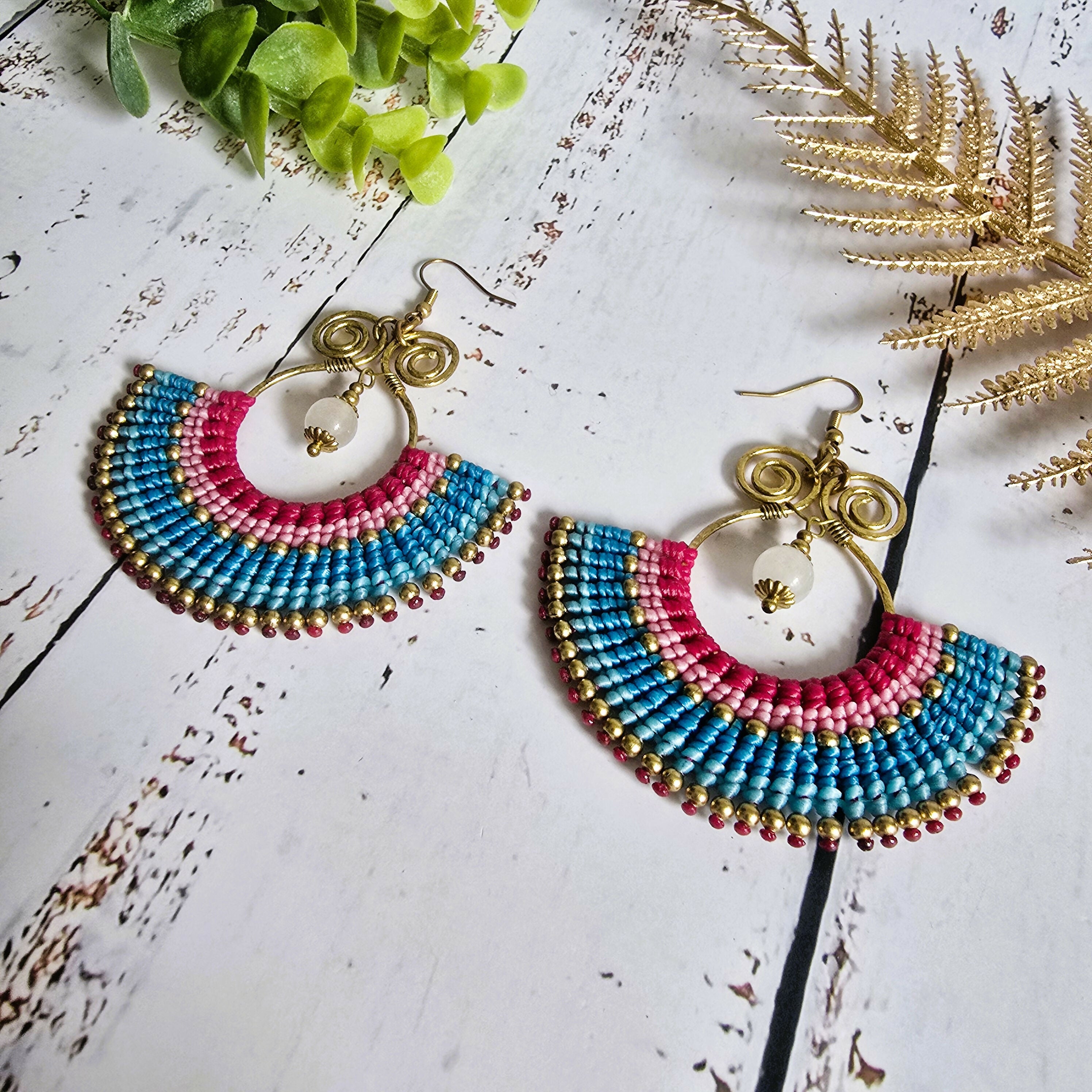 Pink Rose Quartz Statement Earrings; Handmade Bohemian Macramé Earrings With Gold Spiral Wirework