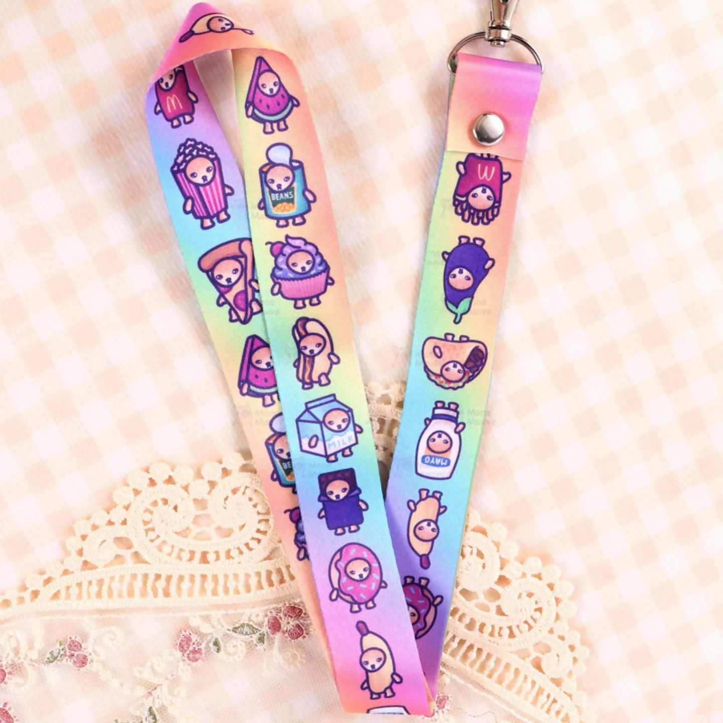 Snack Cats Lanyard | Rainbow Cat Illustration Pattern