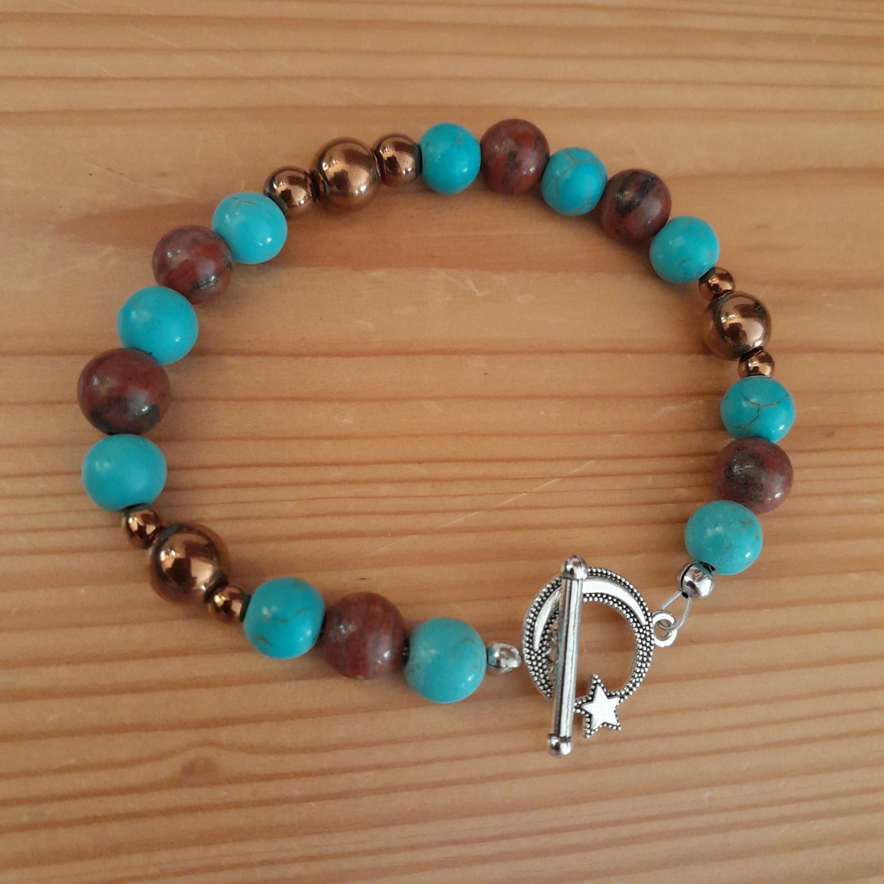 Tibetan Silver Toggle Catch Bracelet with Turquoise, Red Sesame Jasper & Copper Hematite.