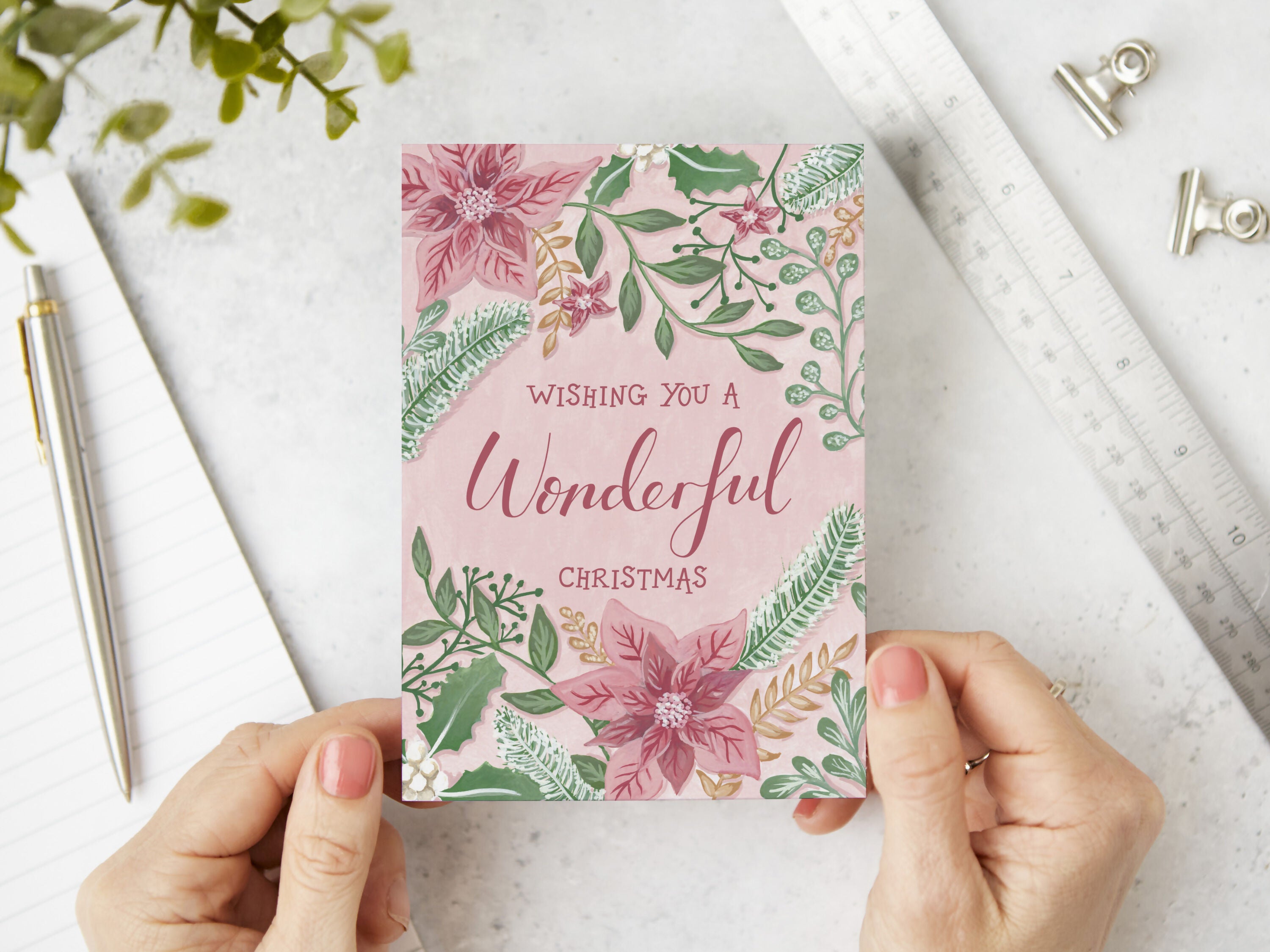 Pink Floral Wonderful Christmas Card A6